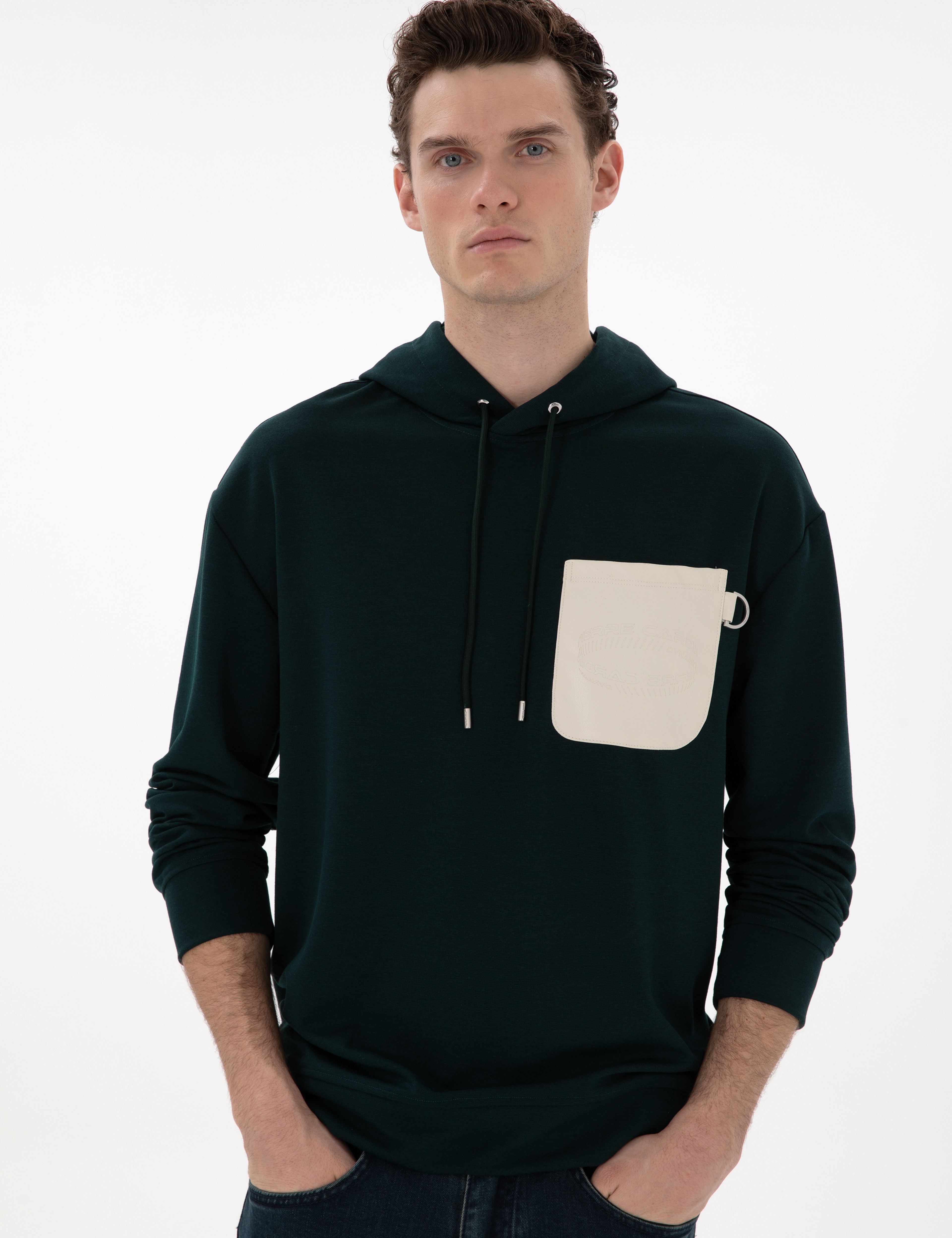 Koyu Yeşil Çelik Örme Comfort Fit  Kapüşonlu Sweatshirt