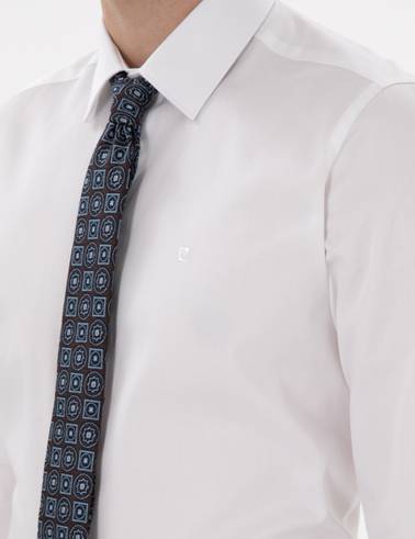 Beyaz %100 Pamuk Parlak Saten Slim Fit Uzun Kollu Basic Gömlek