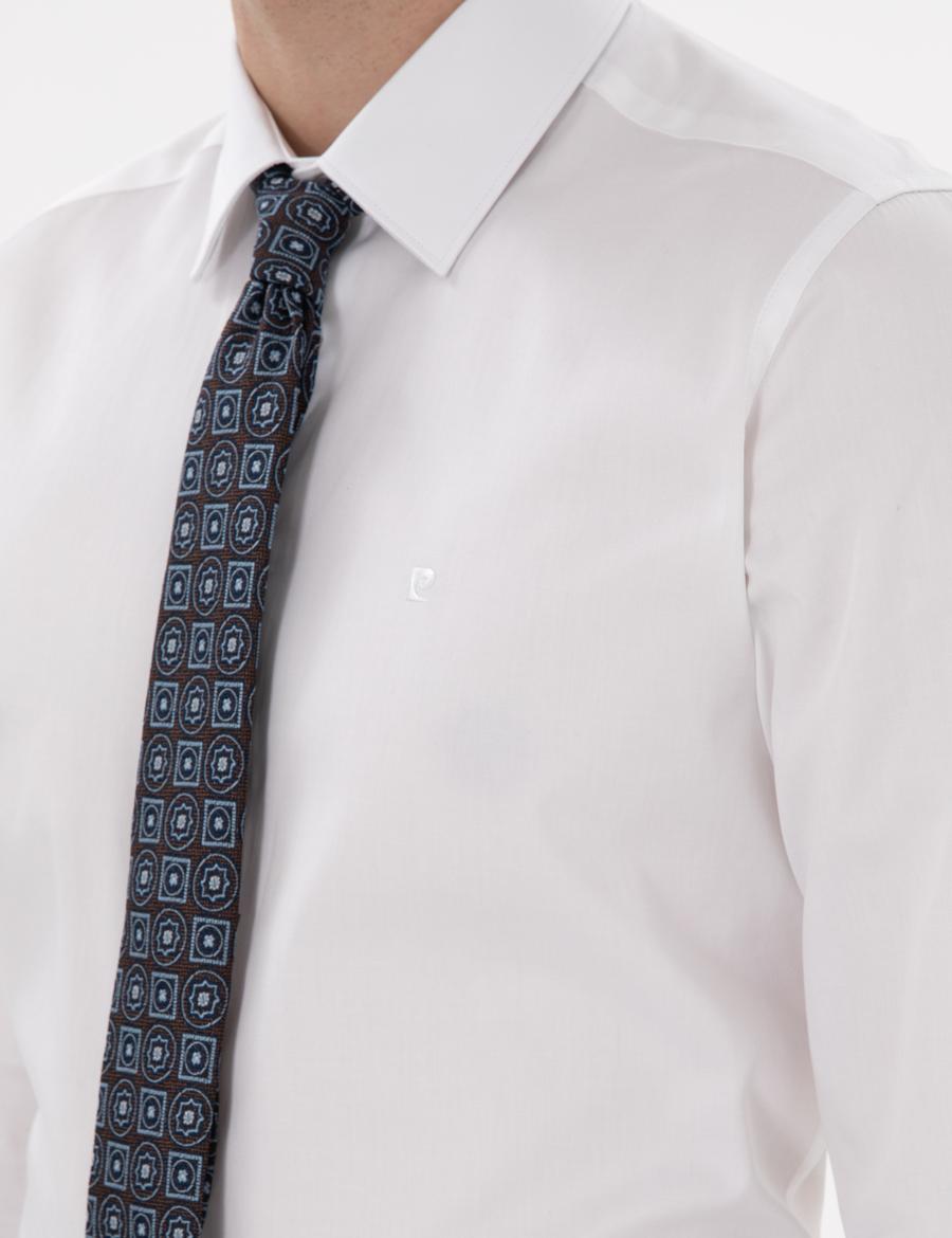 Beyaz Parlak Saten Slim Fit Uzun Kollu Basic Gömlek