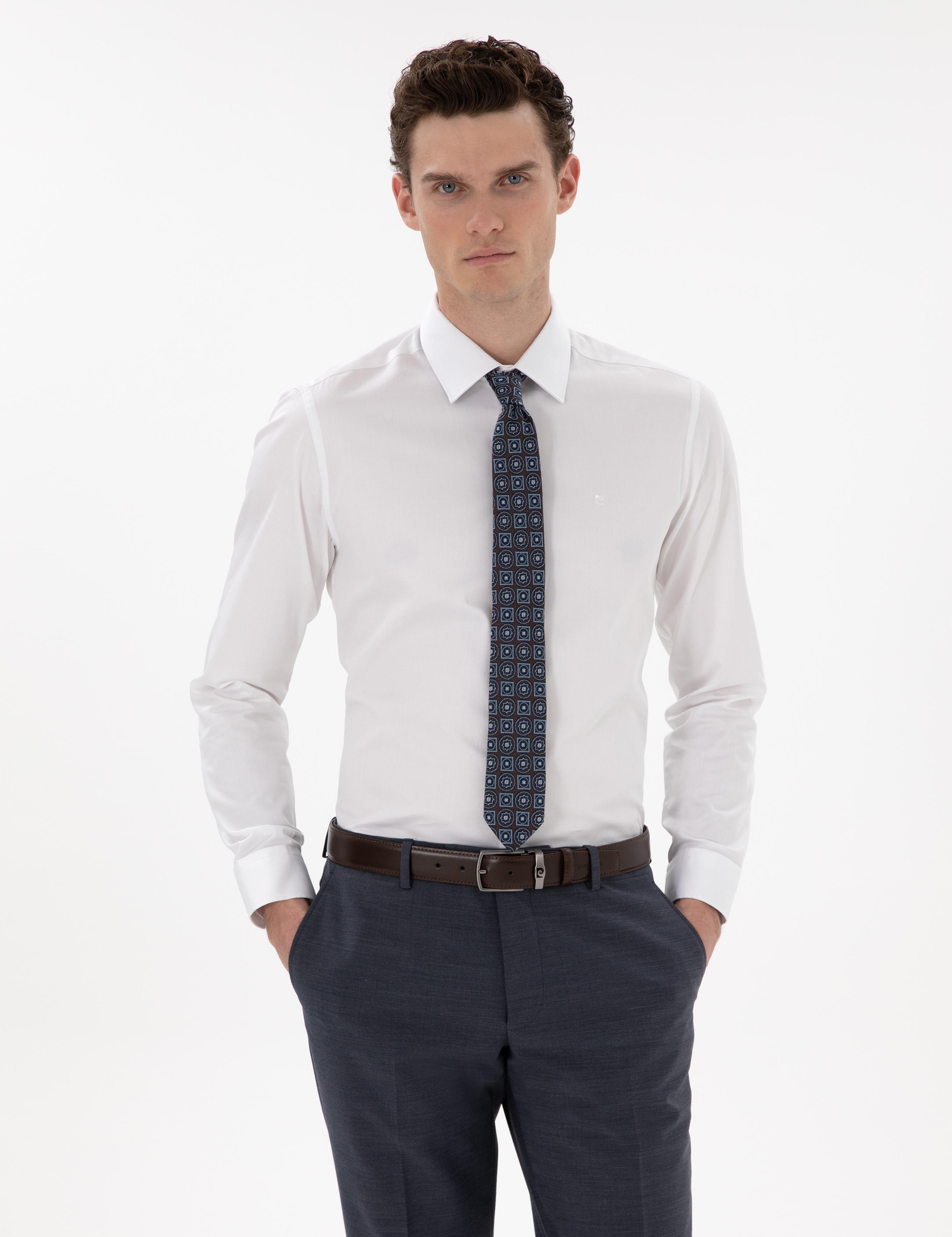 Beyaz Parlak Saten Slim Fit Uzun Kollu Basic Gömlek