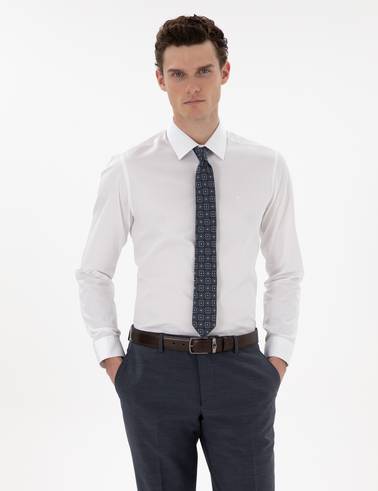 Beyaz %100 Pamuk Parlak Saten Slim Fit Uzun Kollu Basic Gömlek