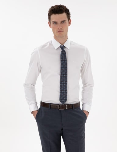 Beyaz %100 Pamuk Parlak Saten Slim Fit Uzun Kollu Basic Gömlek