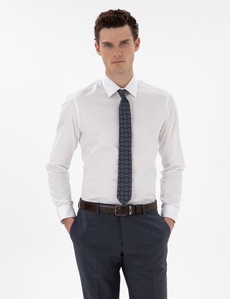 Beyaz Parlak Saten Slim Fit Uzun Kollu Basic Gömlek - 50305127016