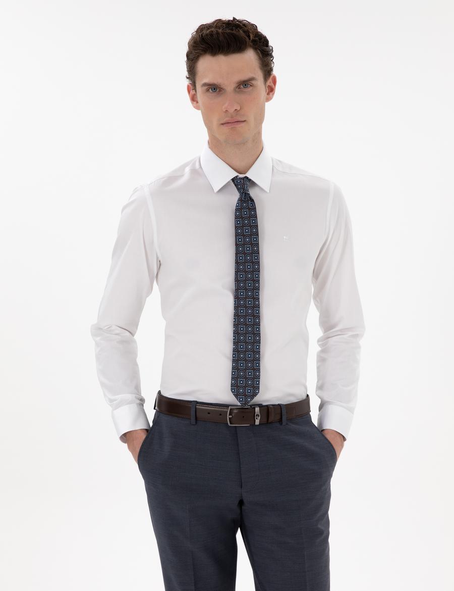 Beyaz Parlak Saten Slim Fit Uzun Kollu Basic Gömlek