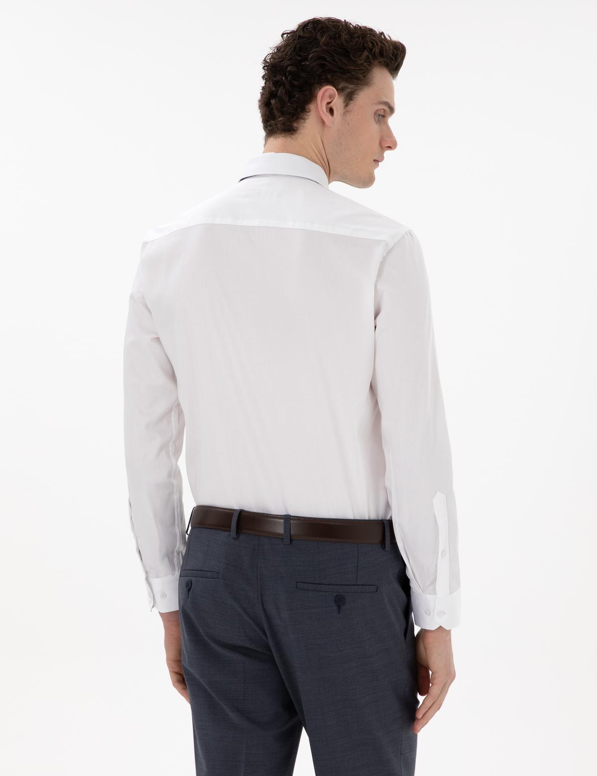 Beyaz Parlak Saten Slim Fit Uzun Kollu Basic Gömlek - 50305127016