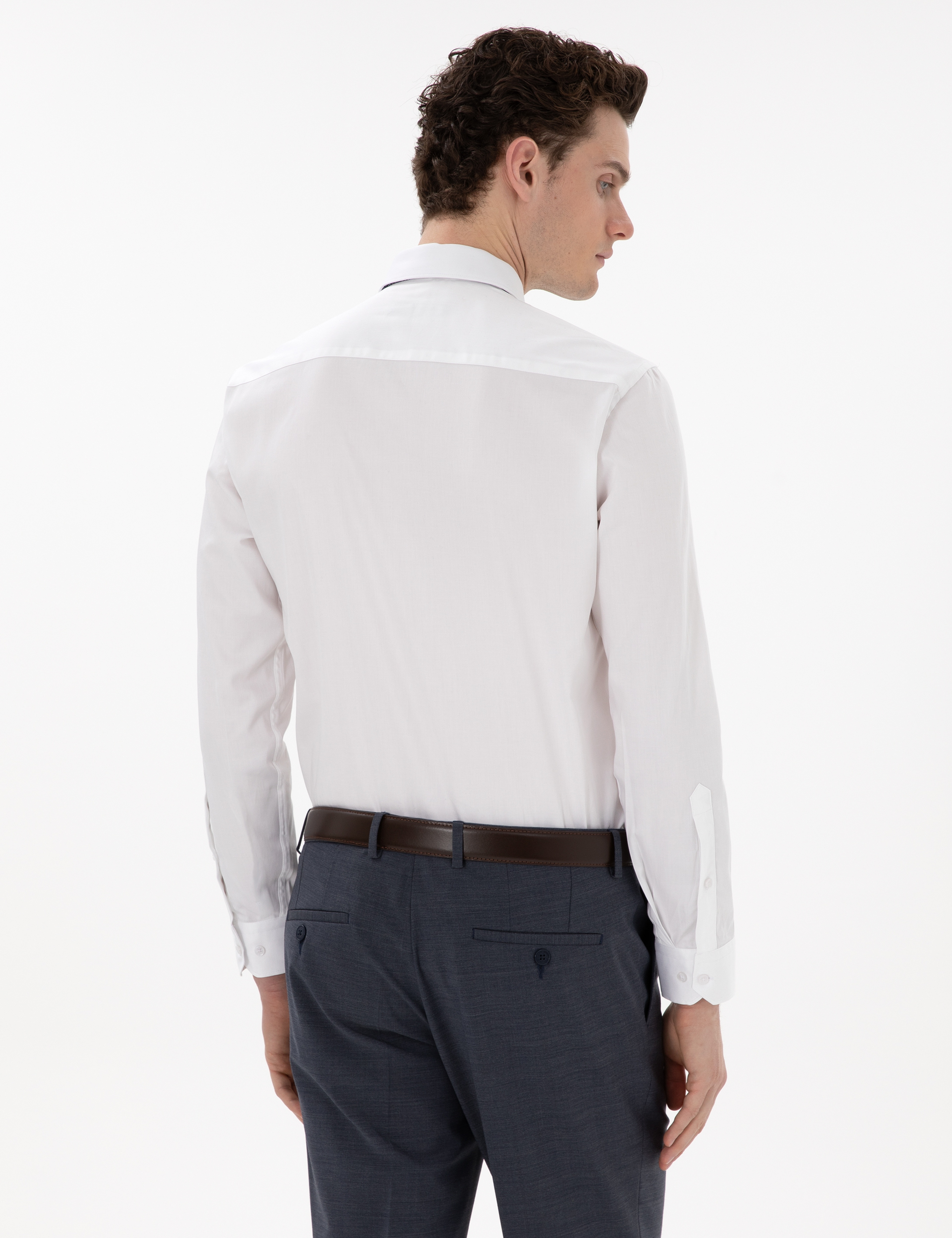 Beyaz %100 Pamuk Parlak Saten Slim Fit Uzun Kollu Basic Gömlek