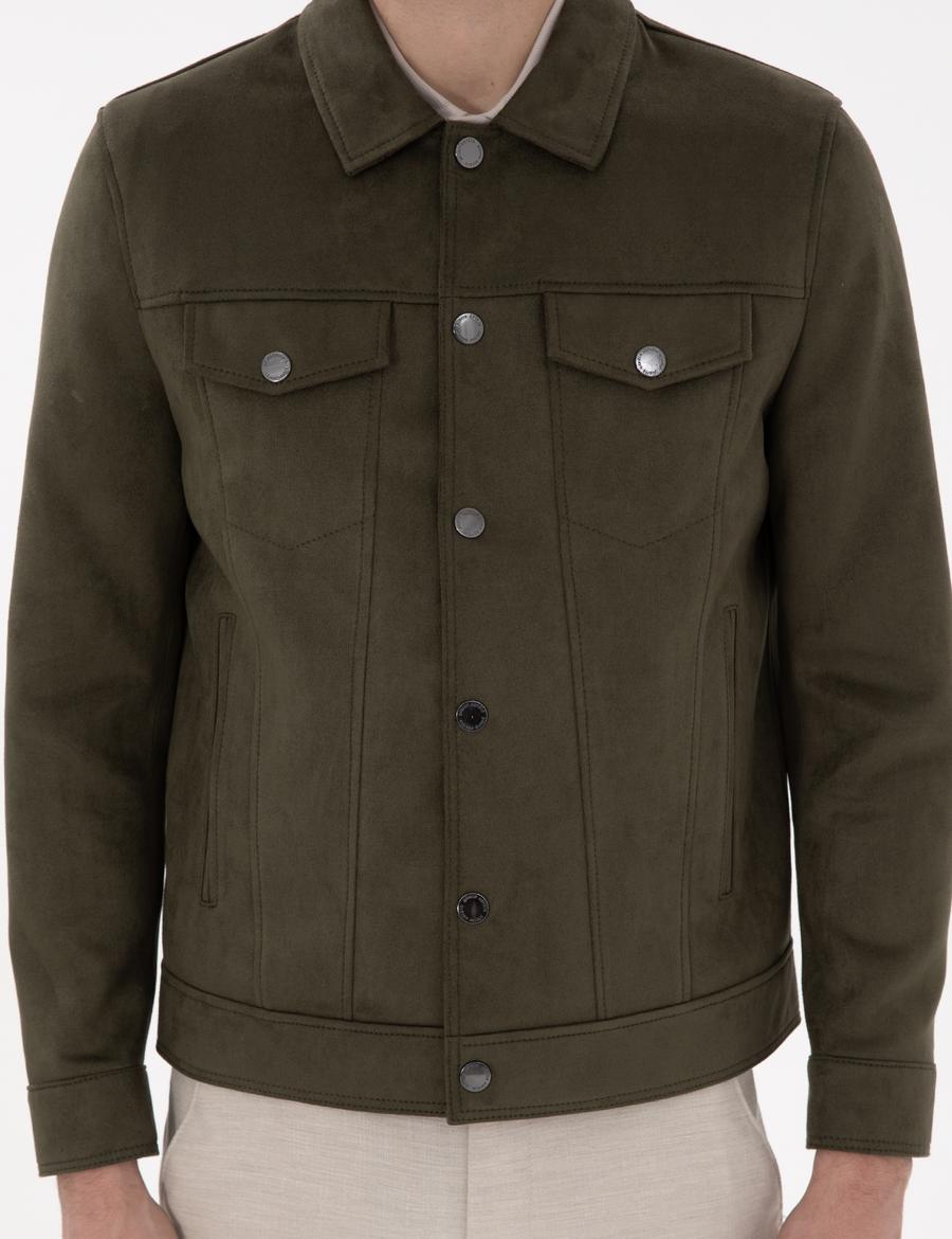 Haki Gömlek Yaka Suni Deri Ceket