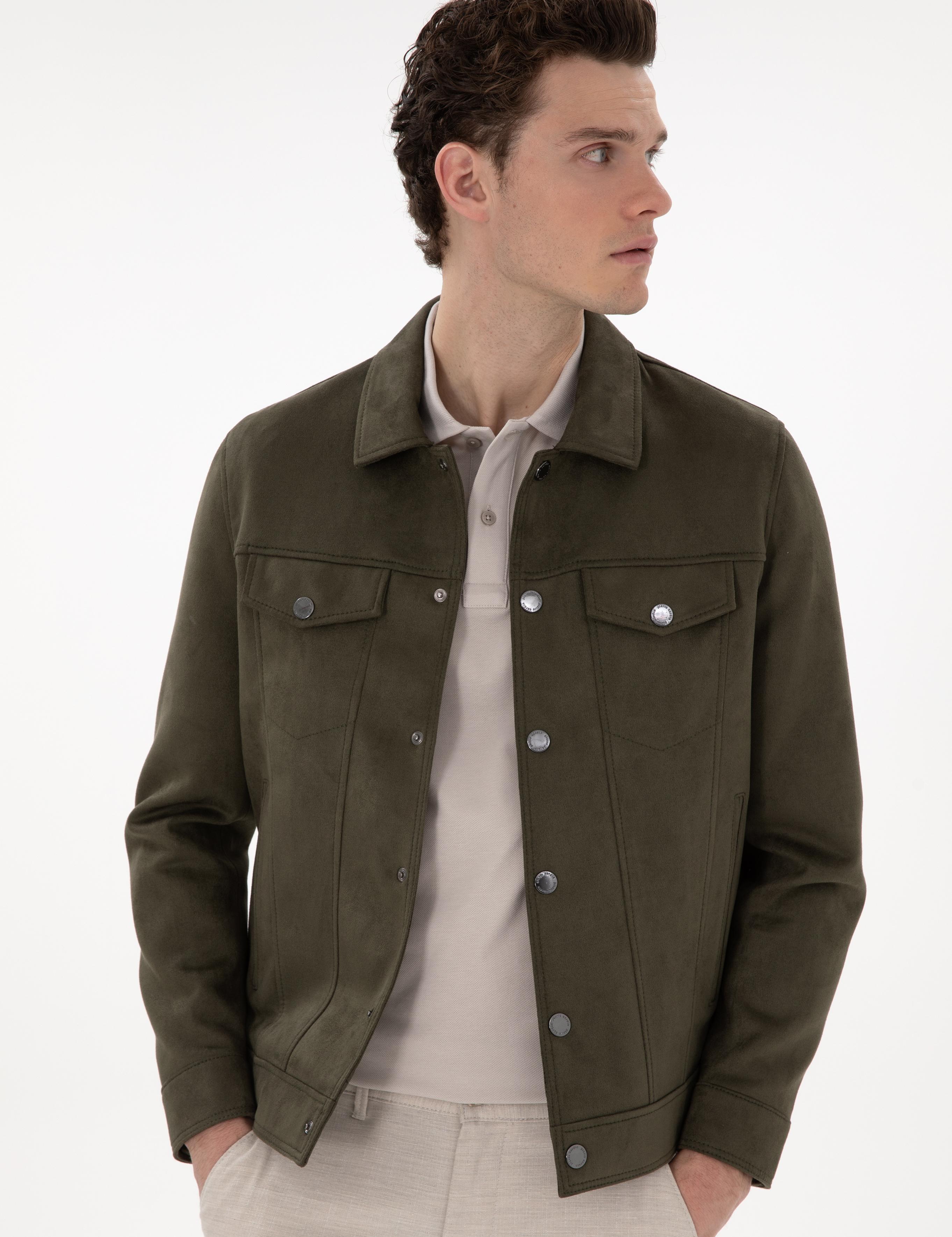 Haki Gömlek Yaka Suni Deri Ceket