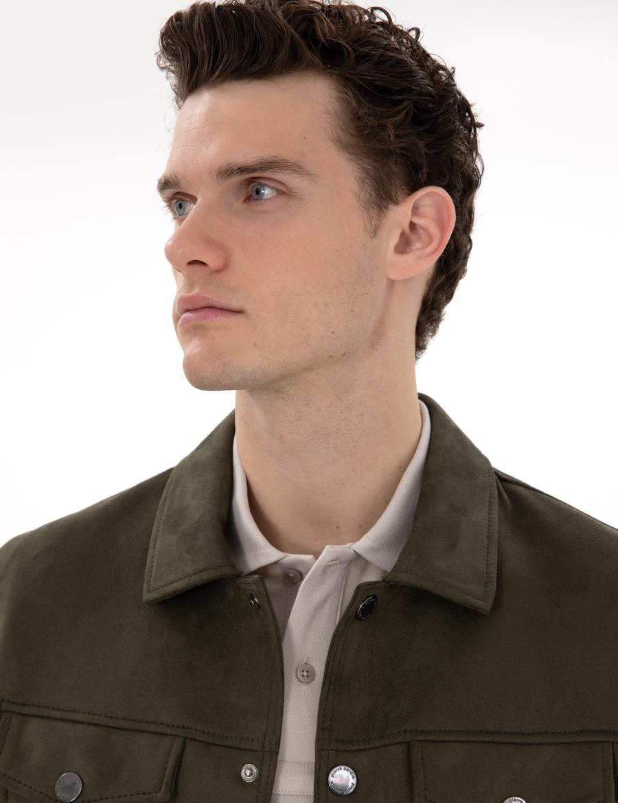 Haki Gömlek Yaka Suni Deri Ceket