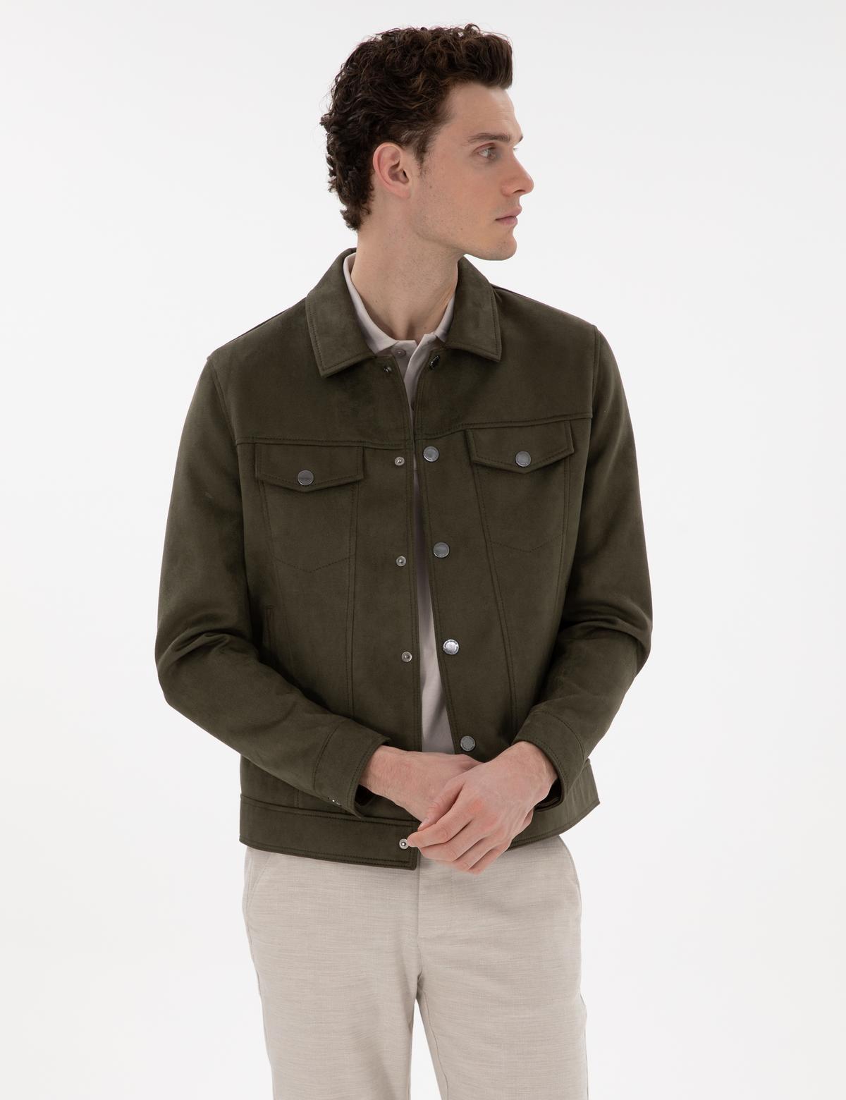 Haki Gömlek Yaka Suni Deri Ceket