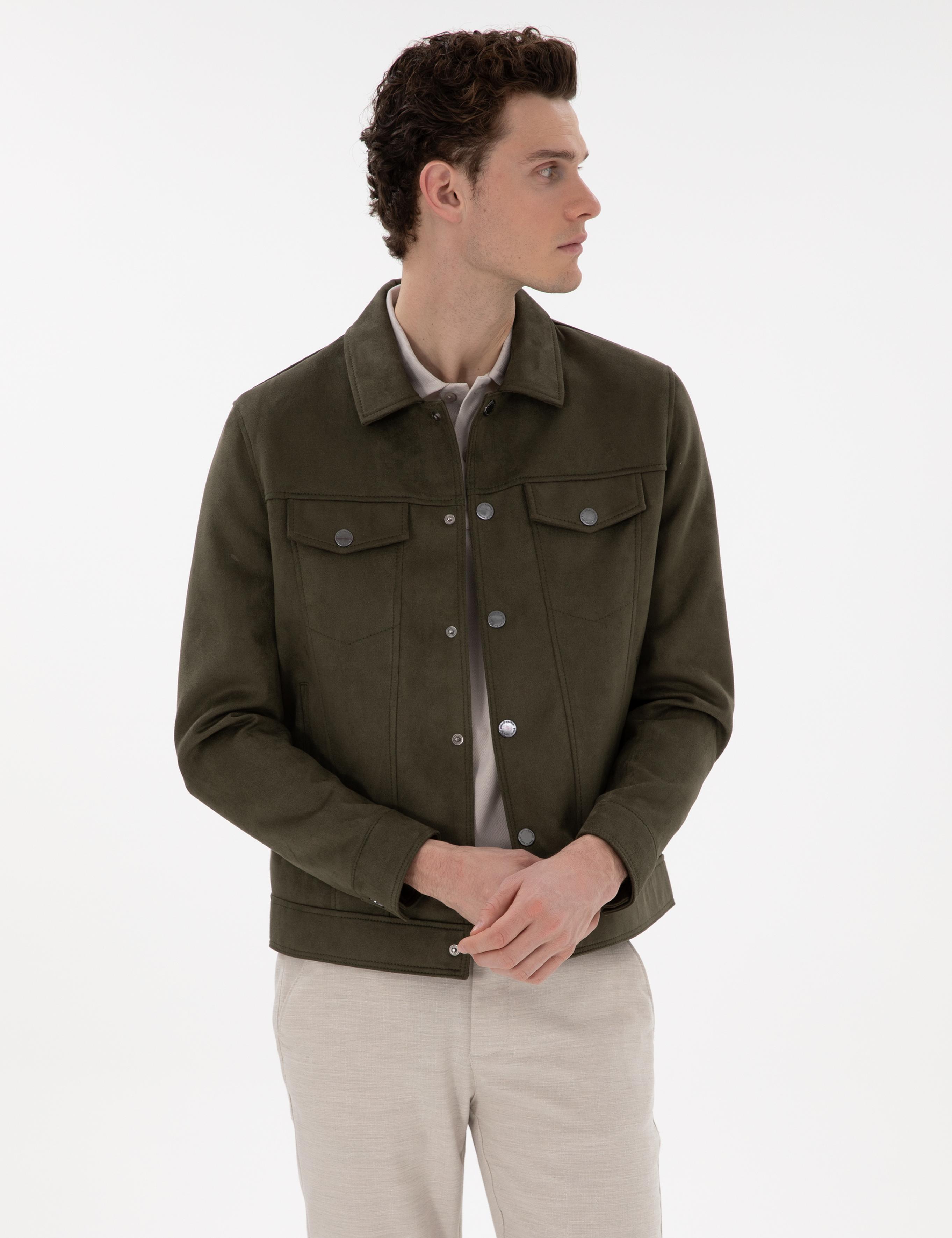 Haki Gömlek Yaka Suni Deri Ceket