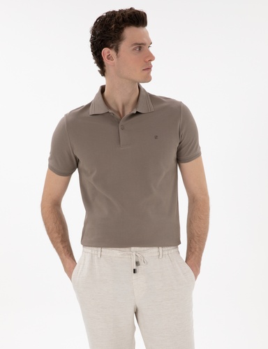 Koyu Vizon Slim Fit %100 Pamuk Düğmeli Polo Yaka Basic Tişört
