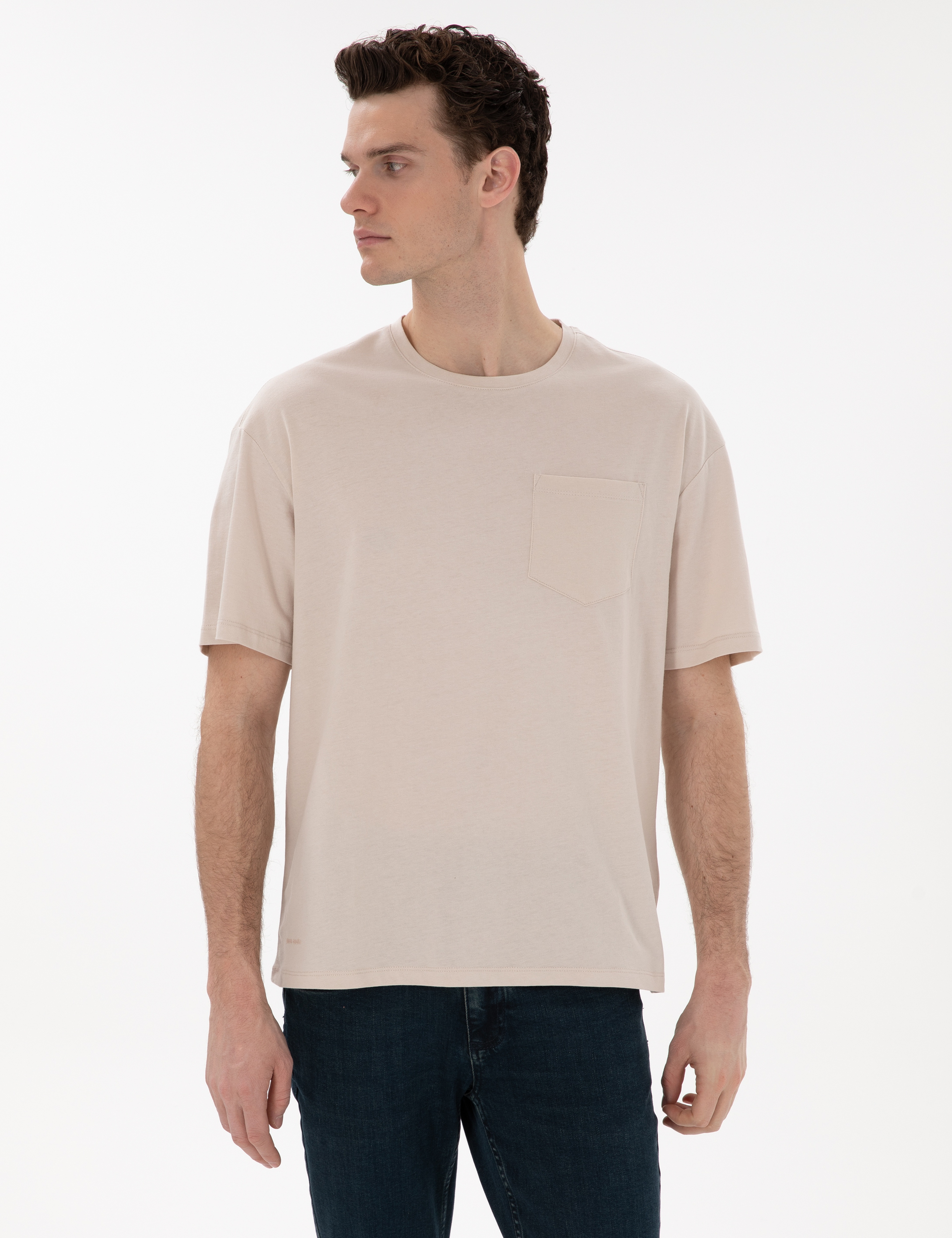 Bej Comfort Fit %100 Pamuk Bisiklet Yaka Basic Tişört