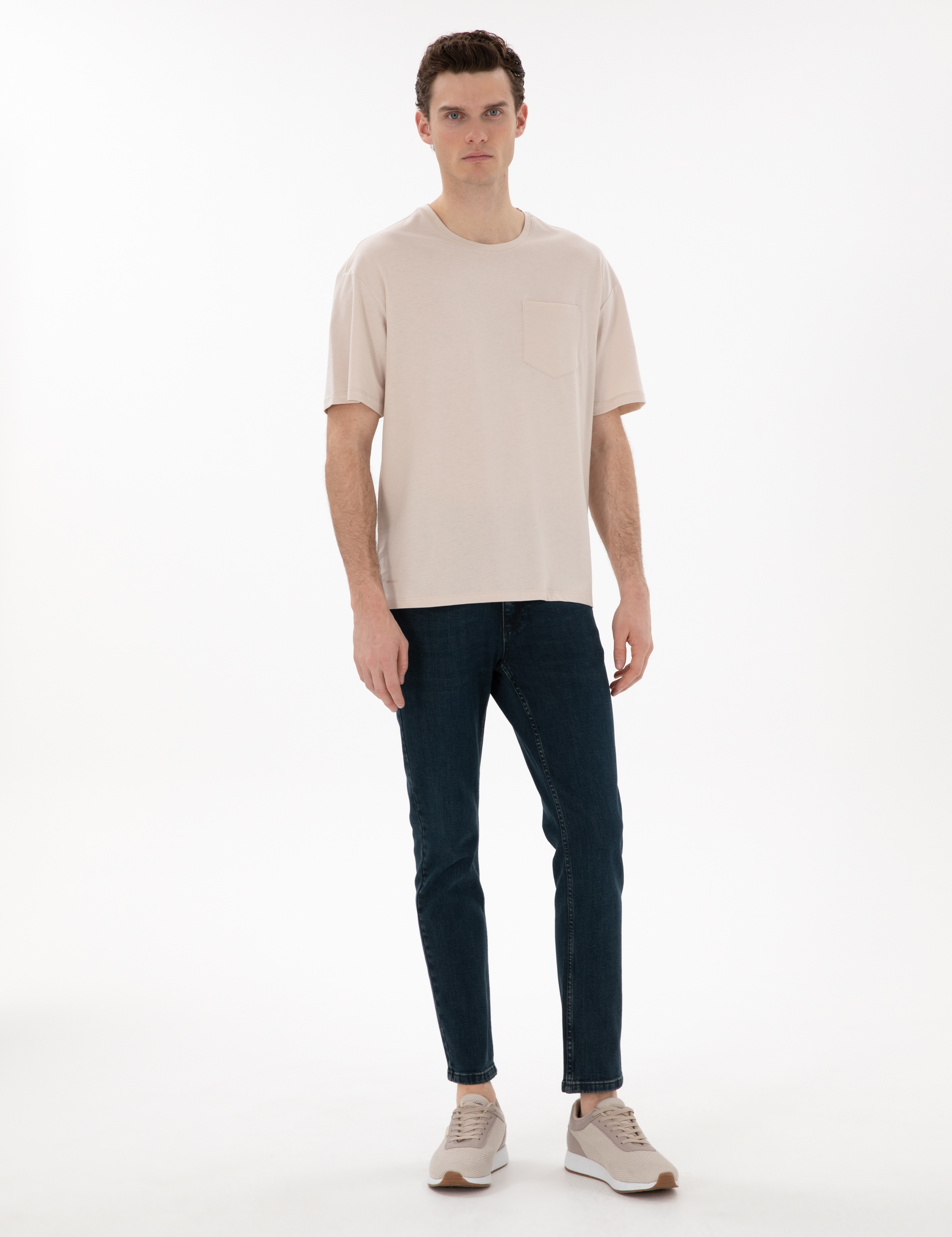 Bej Comfort Fit %100 Pamuk Bisiklet Yaka Basic Tişört - Image 4