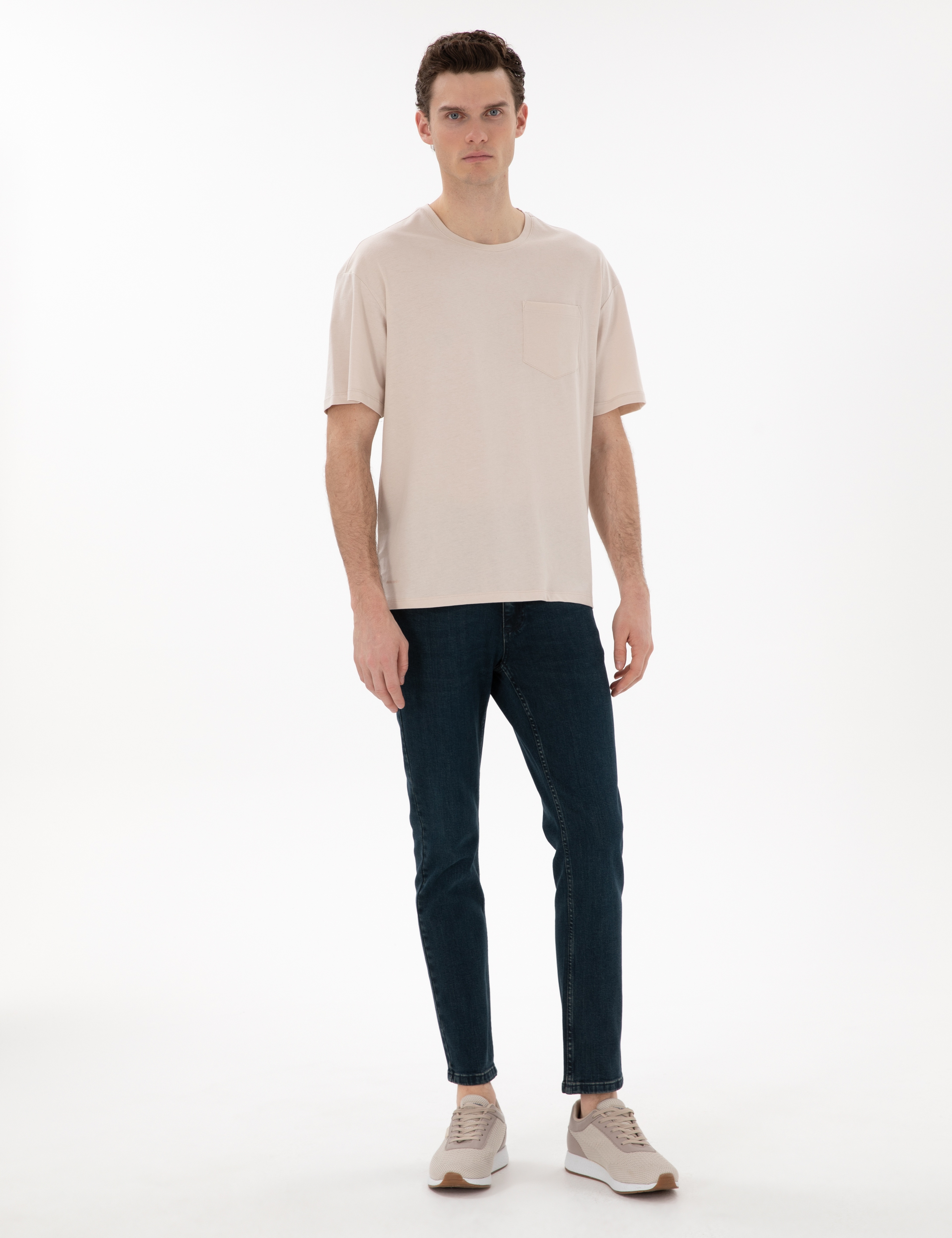Bej Comfort Fit %100 Pamuk Bisiklet Yaka Basic Tişört