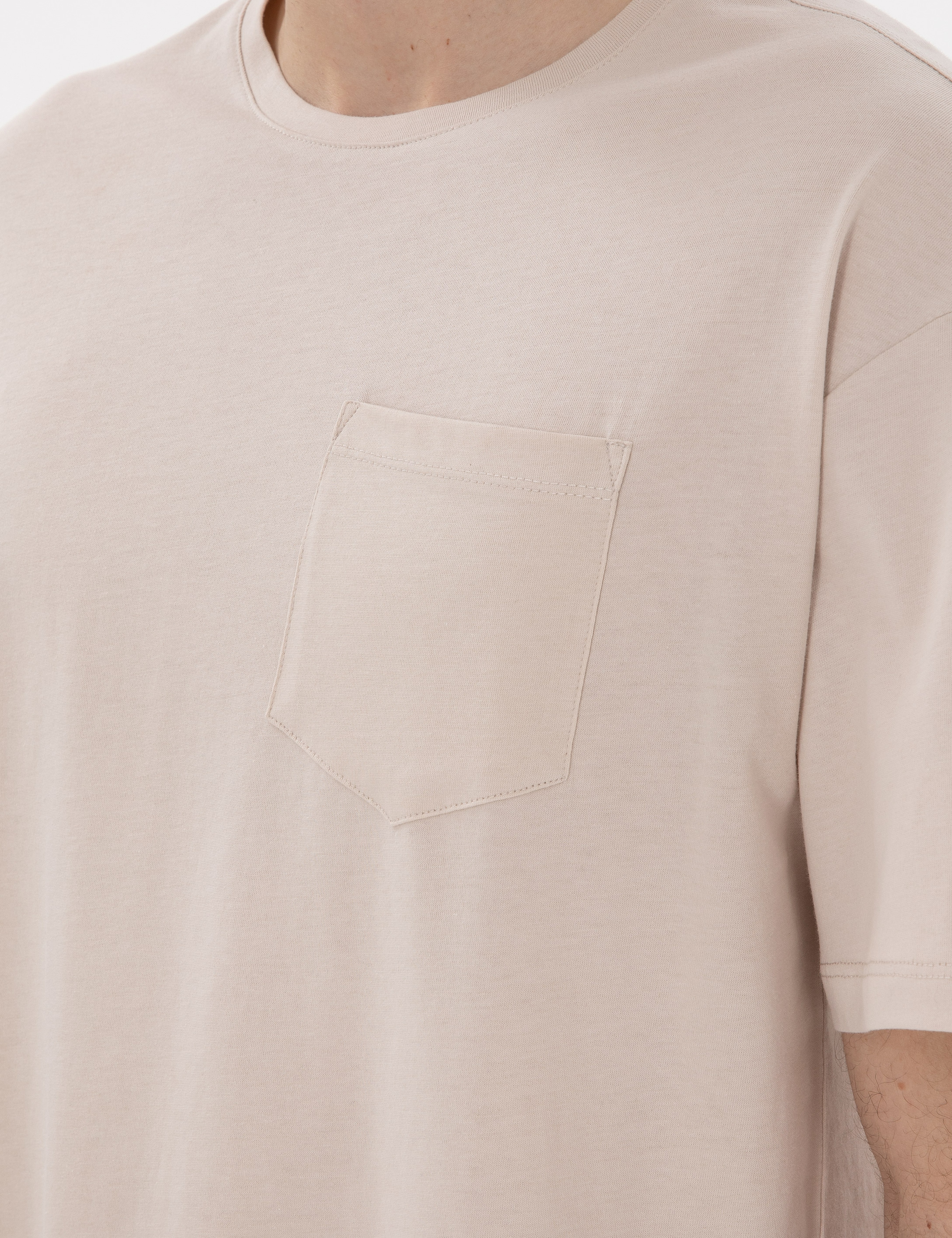 Bej Comfort Fit %100 Pamuk Bisiklet Yaka Basic Tişört