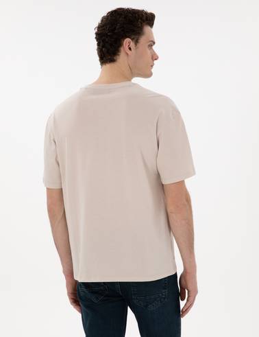 Bej Comfort Fit %100 Pamuk Bisiklet Yaka Basic Tişört