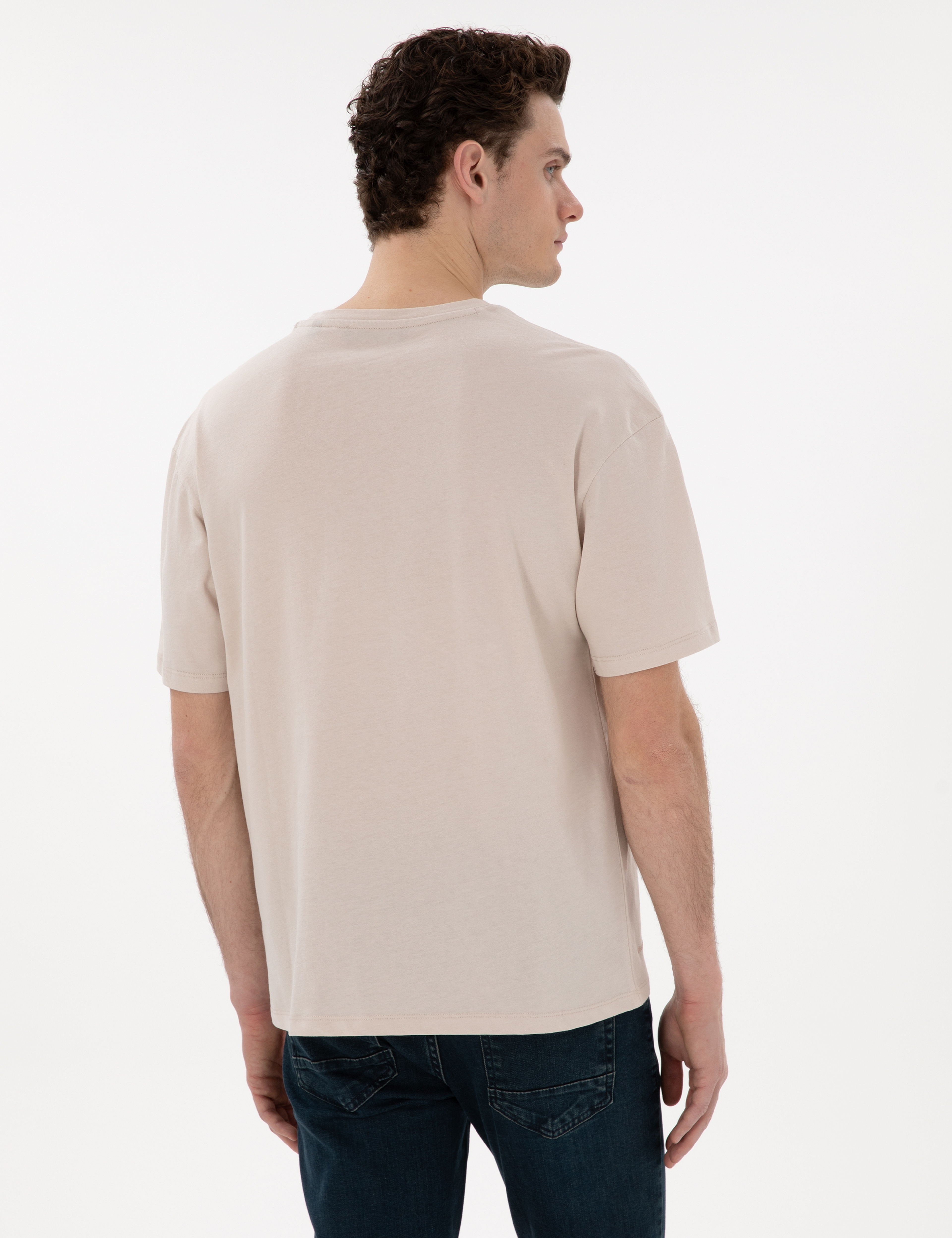 Bej Comfort Fit %100 Pamuk Bisiklet Yaka Basic Tişört - Image 5
