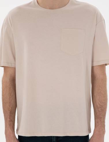 Bej Comfort Fit %100 Pamuk Bisiklet Yaka Basic Tişört