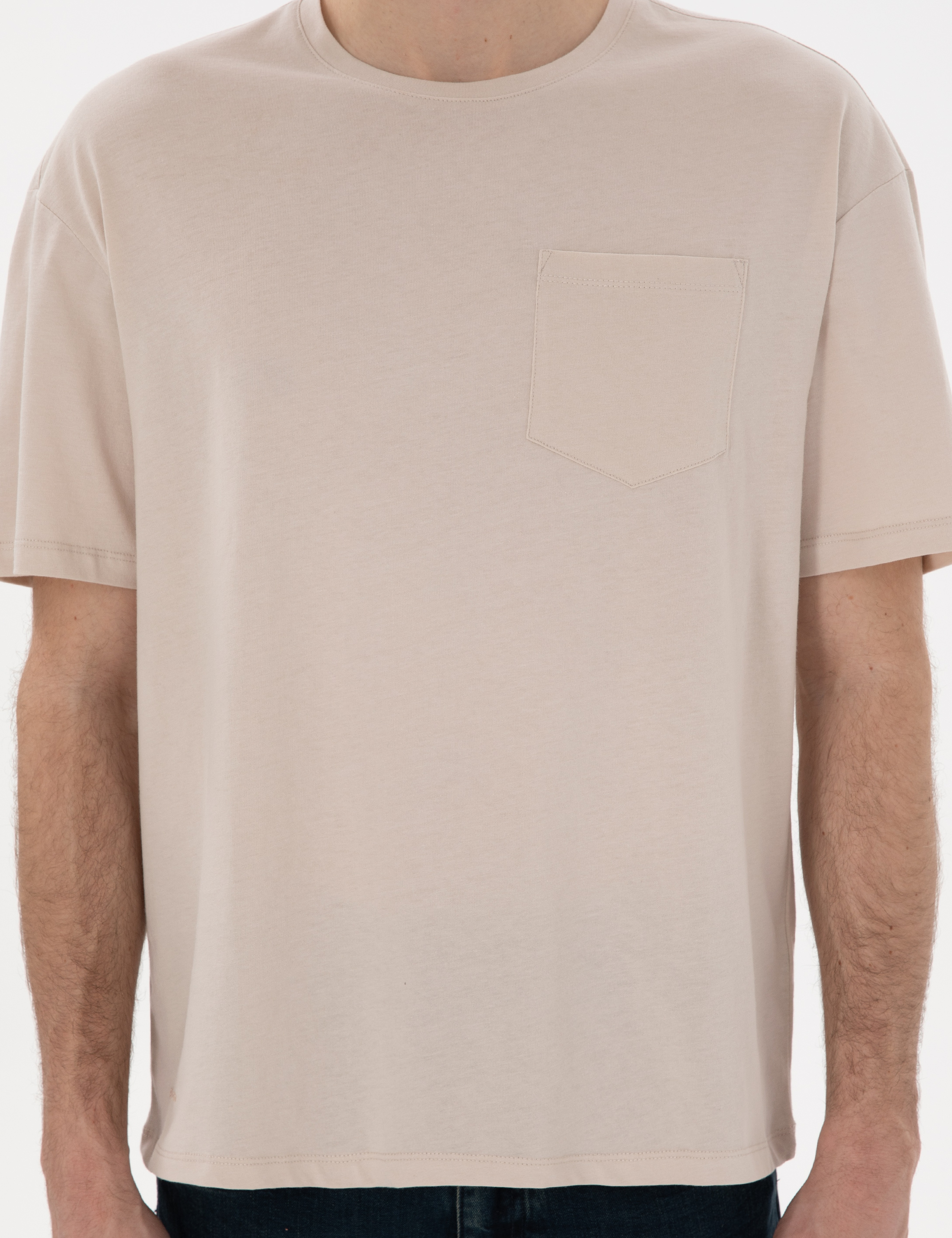 Bej Comfort Fit %100 Pamuk Bisiklet Yaka Basic Tişört - Image 6