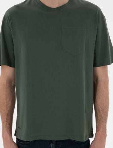 Koyu Yeşil Comfort Fit %100 Pamuk Bisiklet Yaka Basic Tişört
