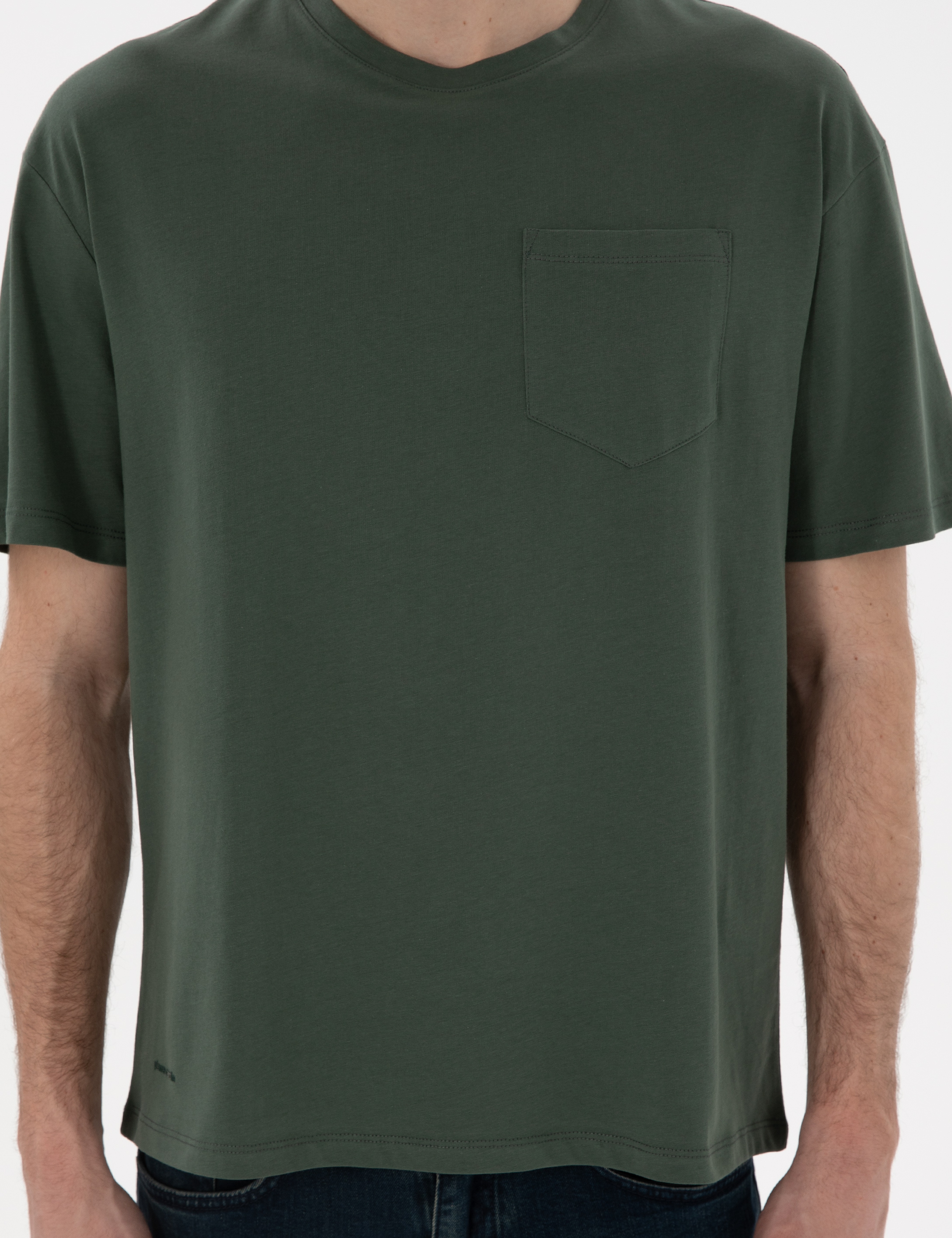 Koyu Yeşil Comfort Fit %100 Pamuk Bisiklet Yaka Basic Tişört