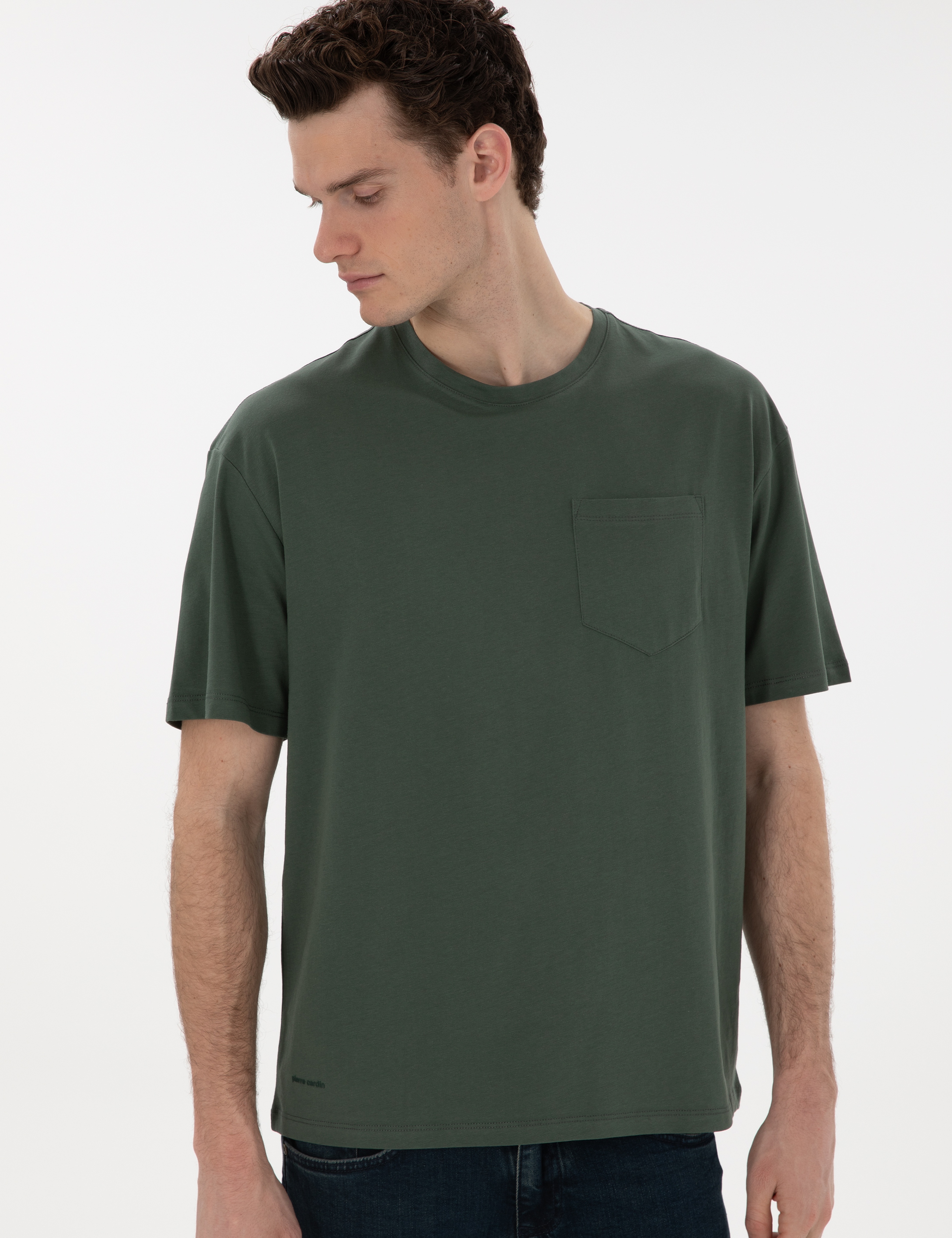 Koyu Yeşil Comfort Fit %100 Pamuk Bisiklet Yaka Basic Tişört - Image 3