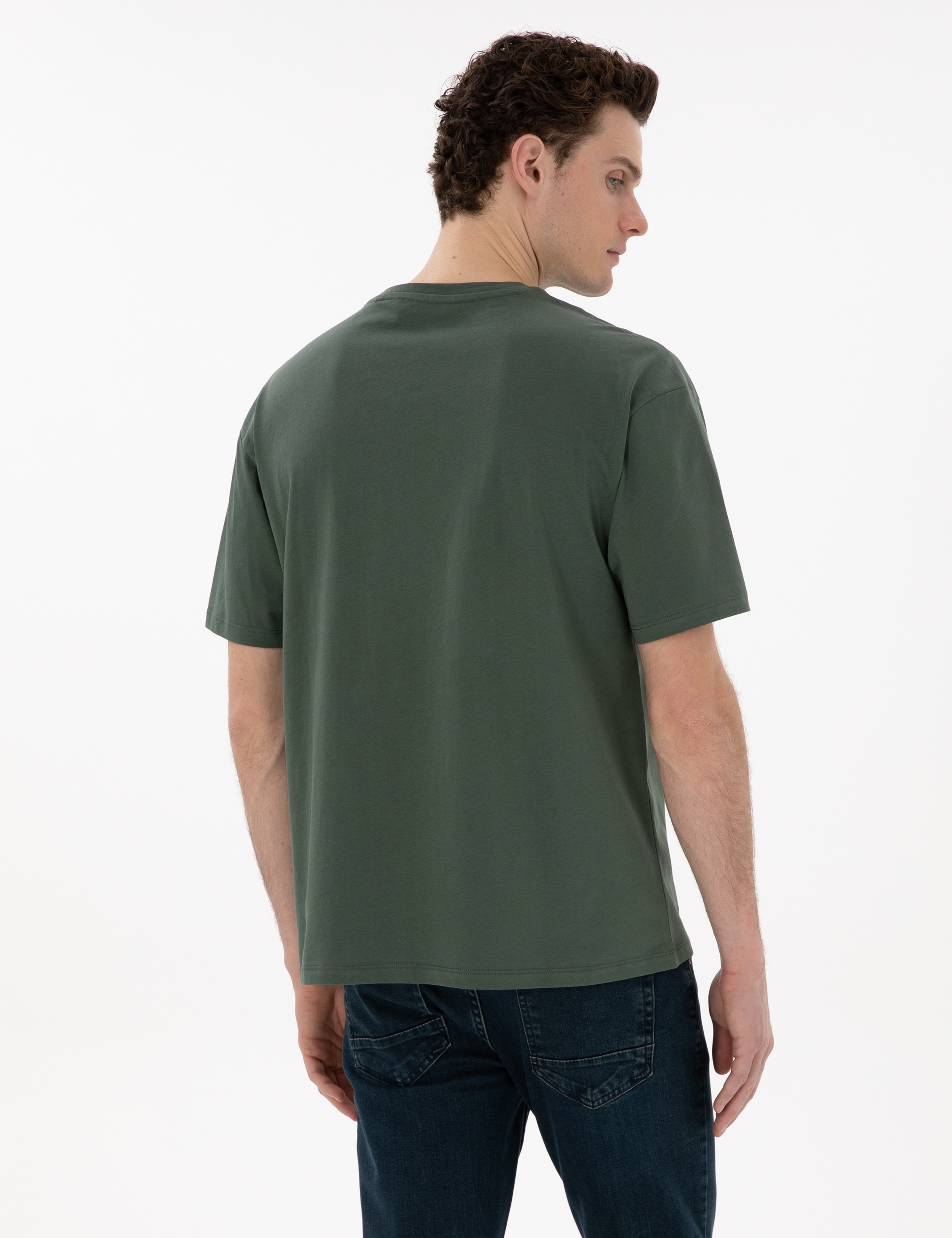 Koyu Yeşil Comfort Fit %100 Pamuk Bisiklet Yaka Basic Tişört - Image 5