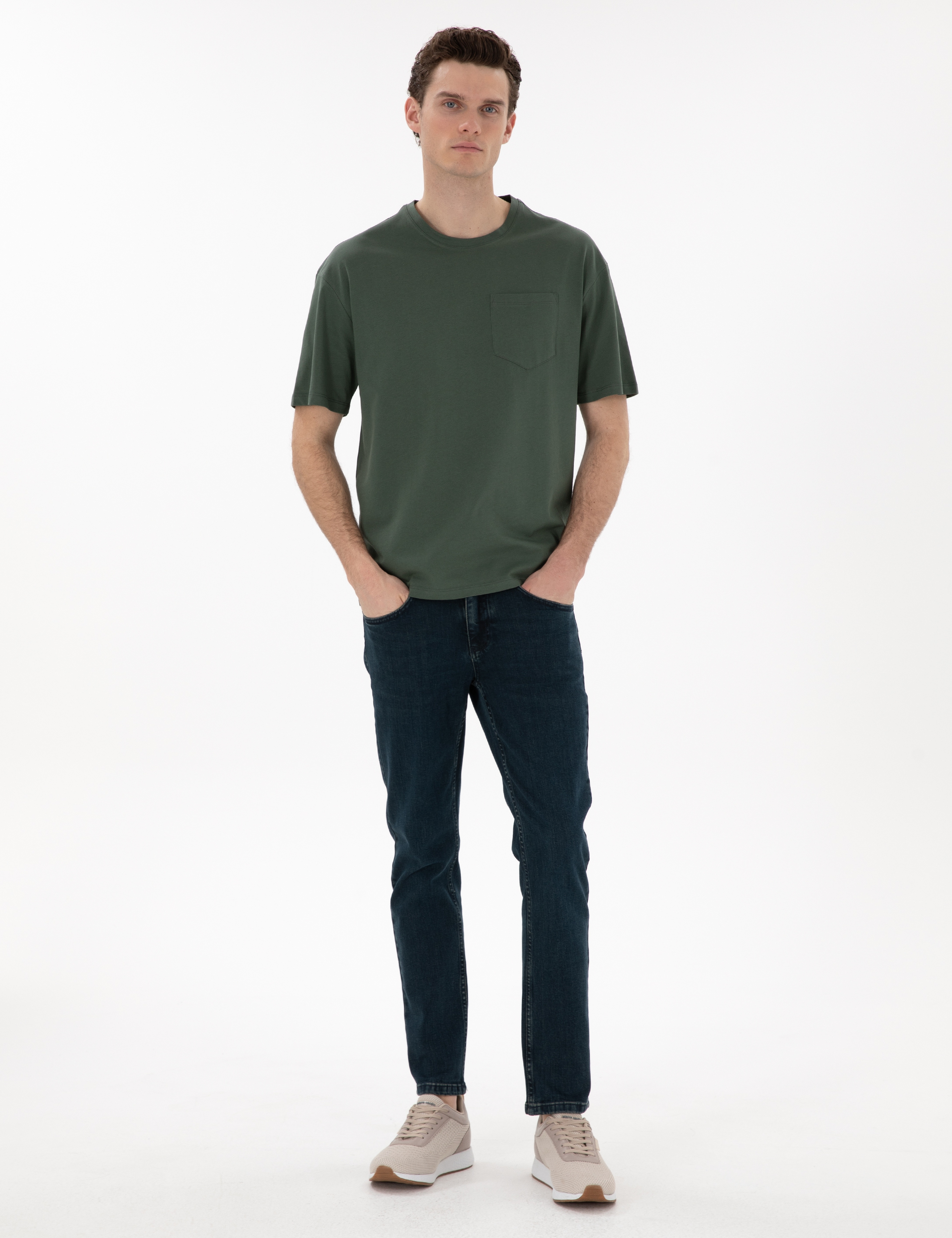 Koyu Yeşil Comfort Fit %100 Pamuk Bisiklet Yaka Basic Tişört - Image 4