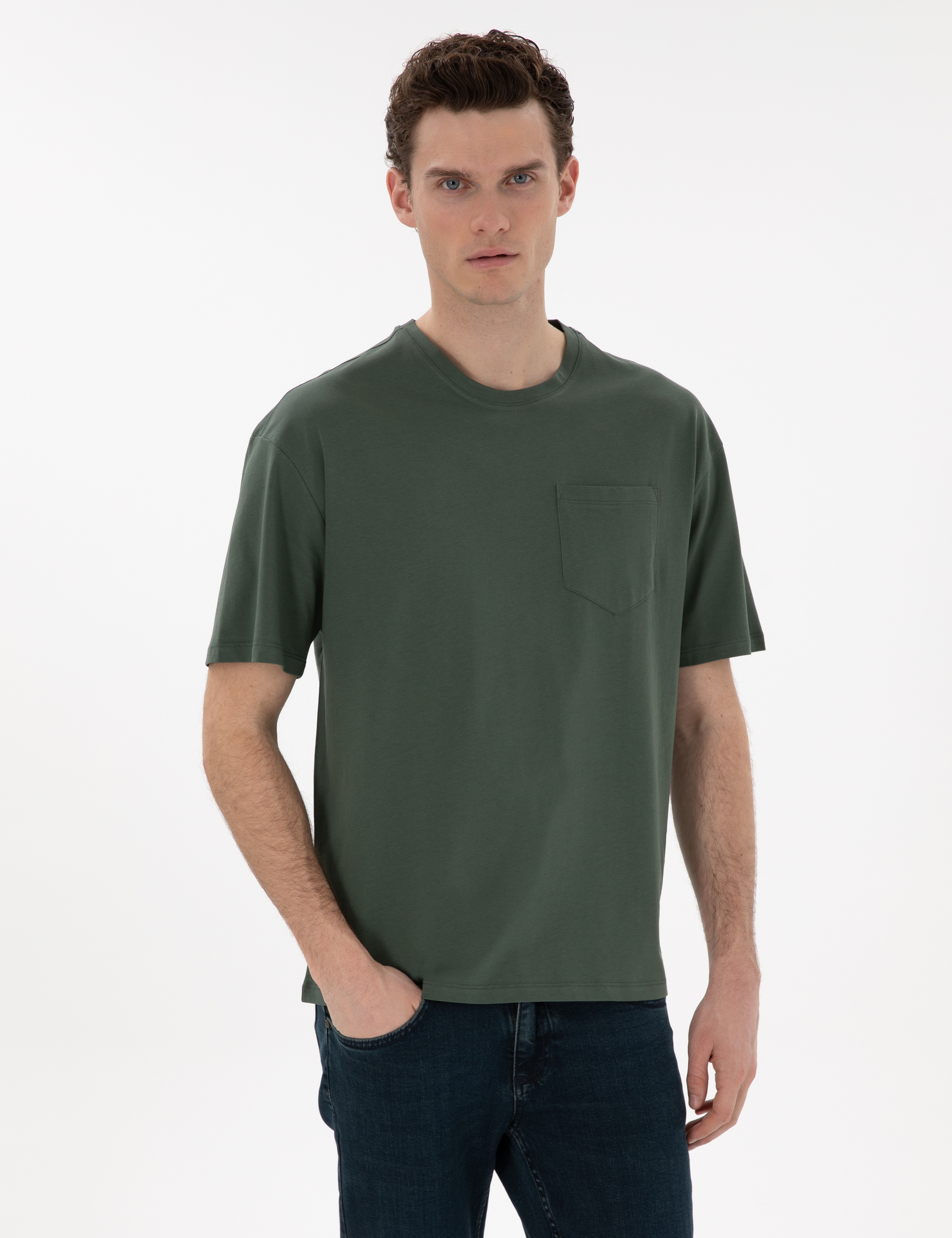 Koyu Yeşil Comfort Fit %100 Pamuk Bisiklet Yaka Basic Tişört