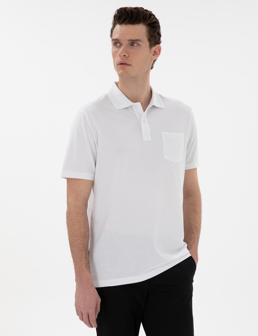Beyaz Regular Fit Kıvrılmaz Polo Yaka Basic Tişört