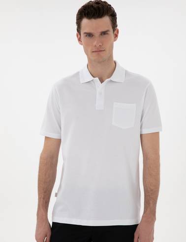 Beyaz Regular Fit Kıvrılmaz Polo Yaka Basic Tişört