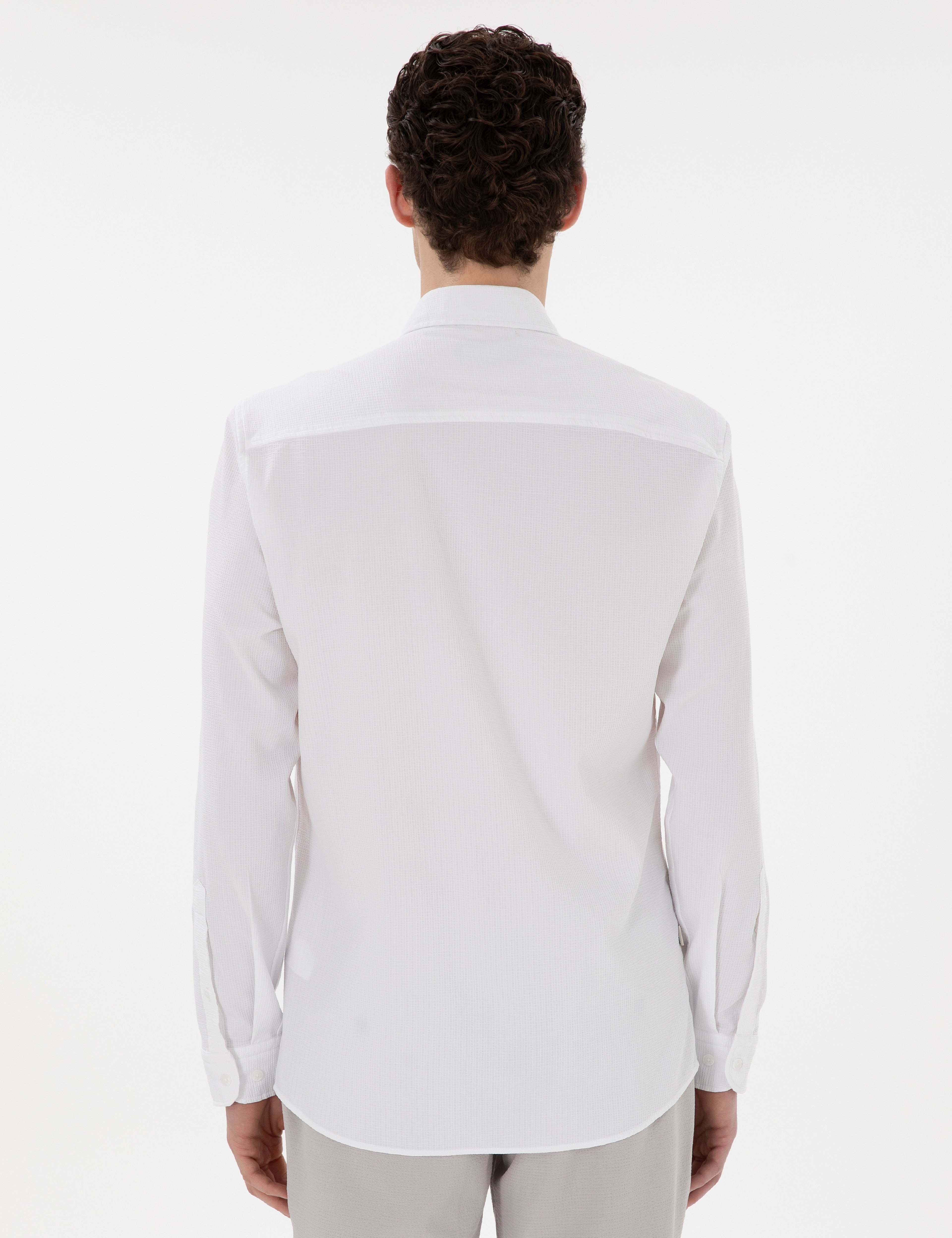 Beyaz Slim Fit Çizgili Uzun Kollu Gömlek
