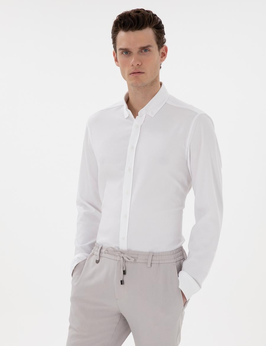 Beyaz Slim Fit Çizgili Uzun Kollu Gömlek