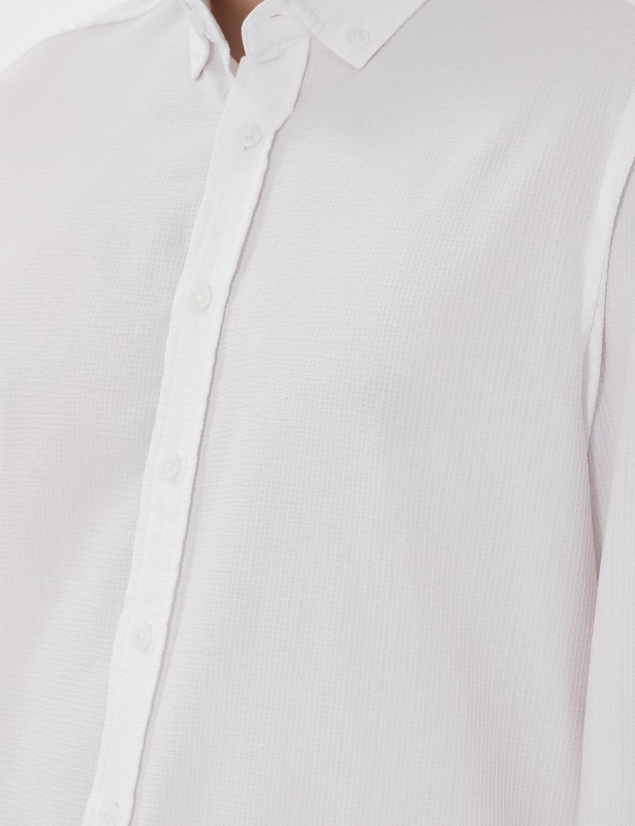 Beyaz Slim Fit Çizgili Uzun Kollu Gömlek