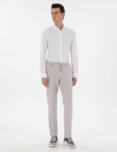Beyaz Slim Fit Çizgili Uzun Kollu Gömlek