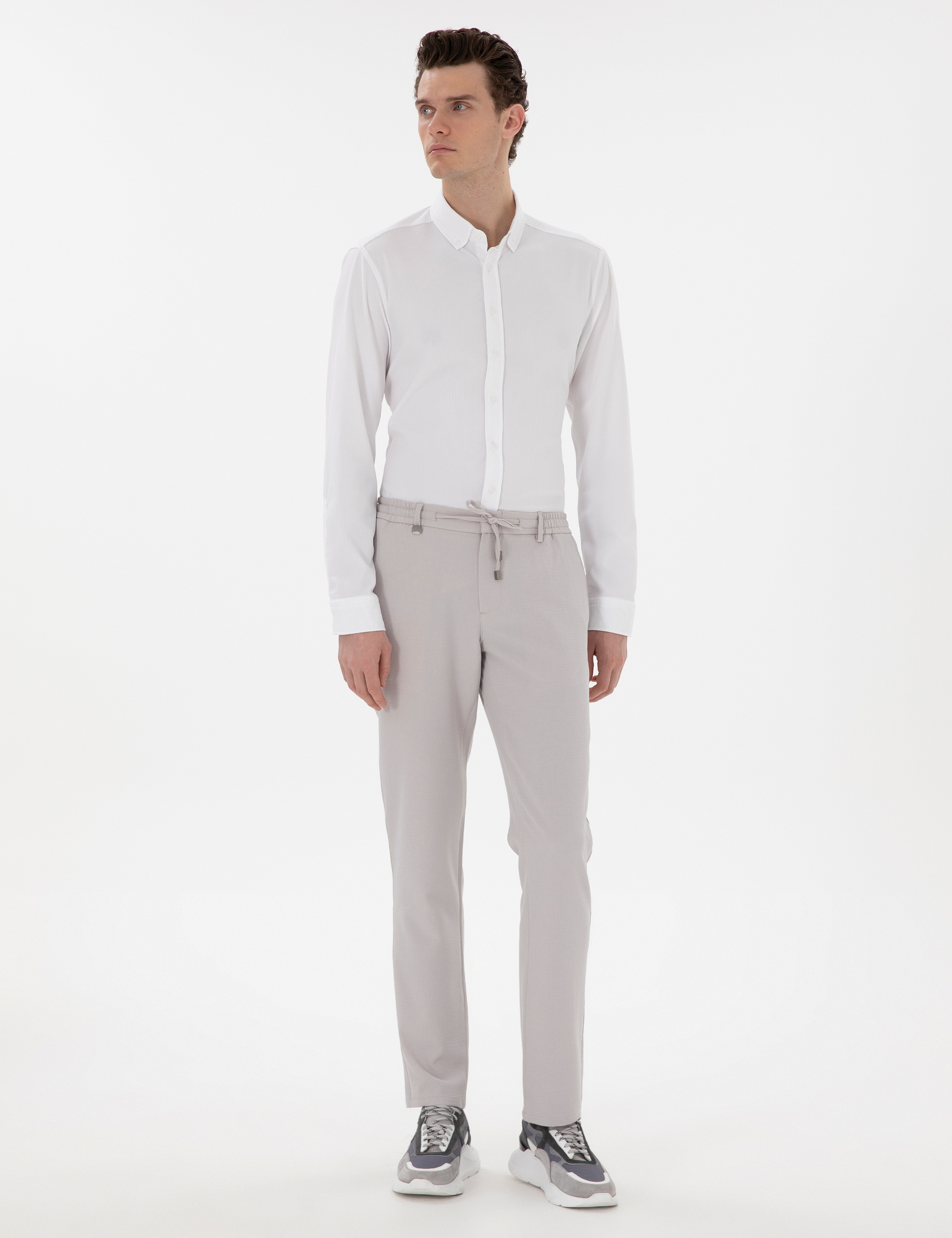 Beyaz Slim Fit Çizgili Uzun Kollu Gömlek - Image 4