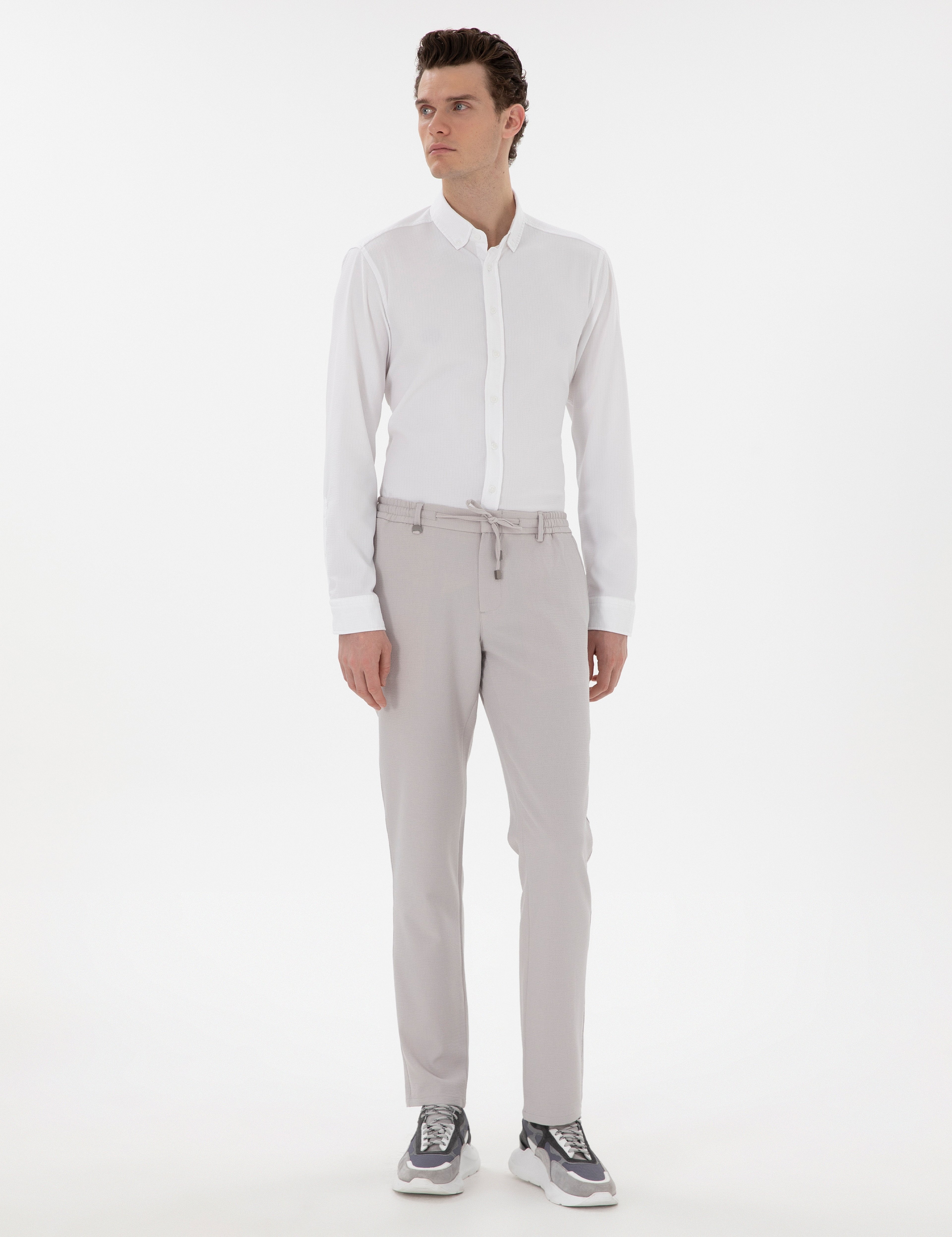 Beyaz Slim Fit Çizgili Uzun Kollu Gömlek