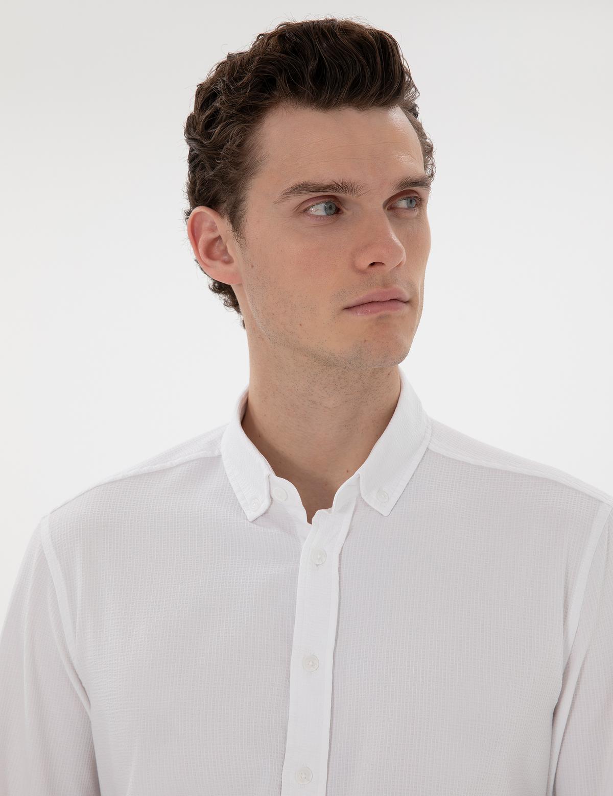 Beyaz Slim Fit Çizgili Uzun Kollu Gömlek - 50301583088