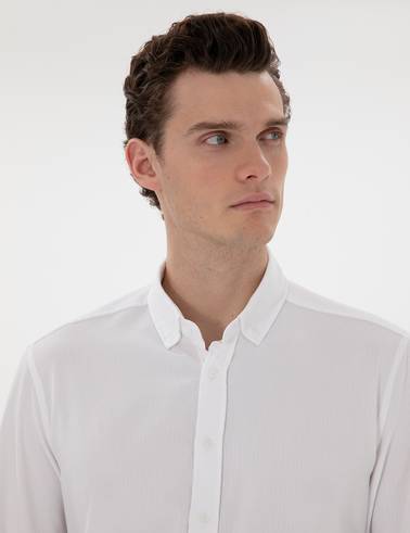 Beyaz Slim Fit Çizgili Uzun Kollu Gömlek