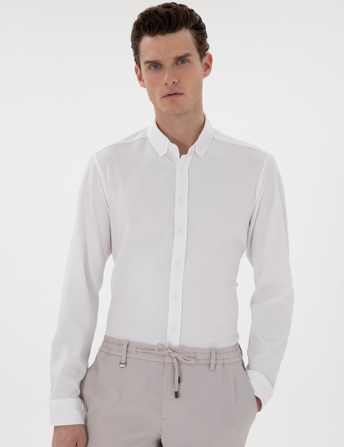 Beyaz Slim Fit Çizgili Uzun Kollu Gömlek - 50301583088