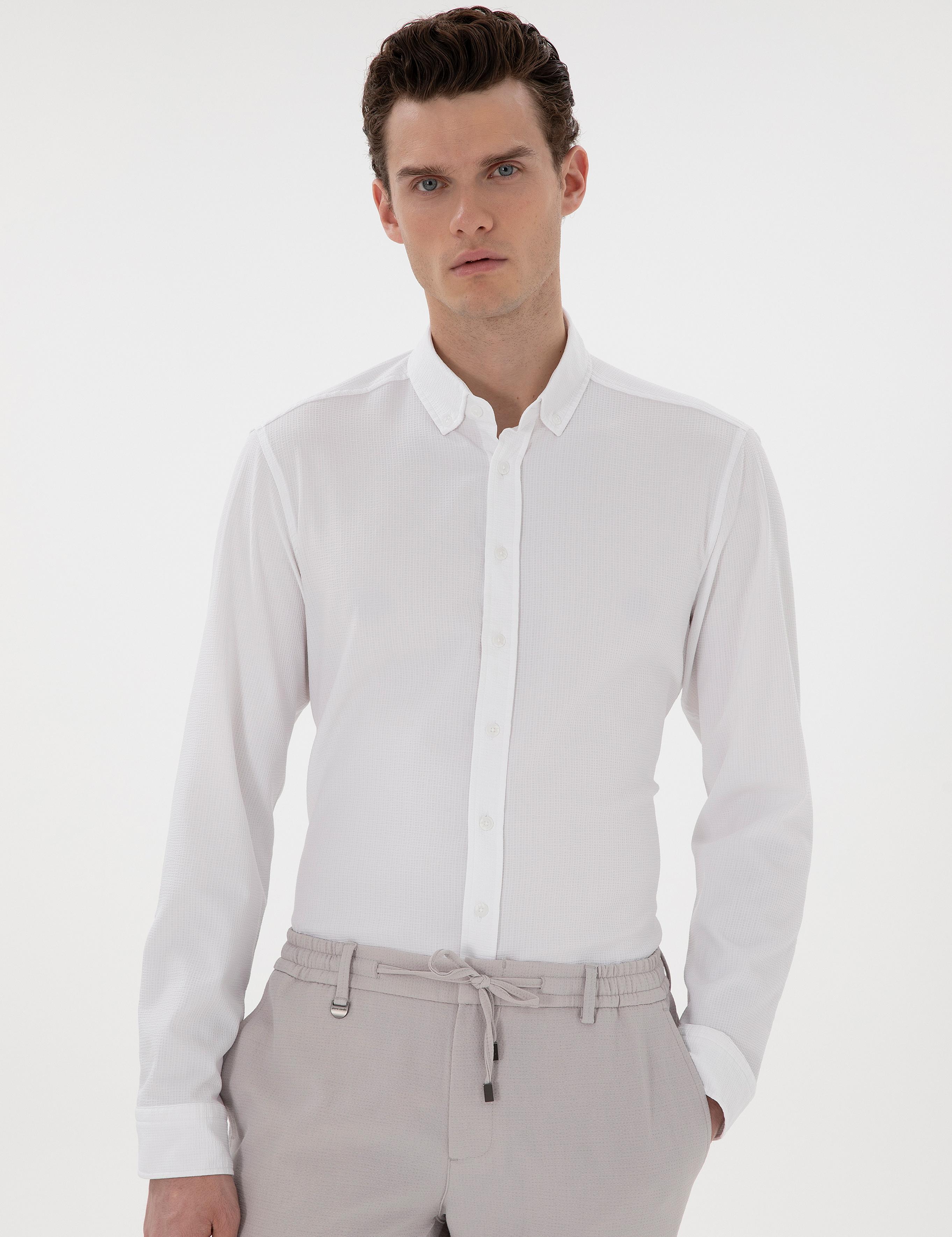 Beyaz Slim Fit Çizgili Uzun Kollu Gömlek