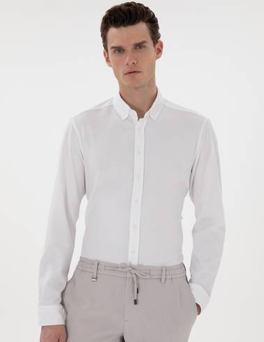 Beyaz Slim Fit Çizgili Uzun Kollu Gömlek