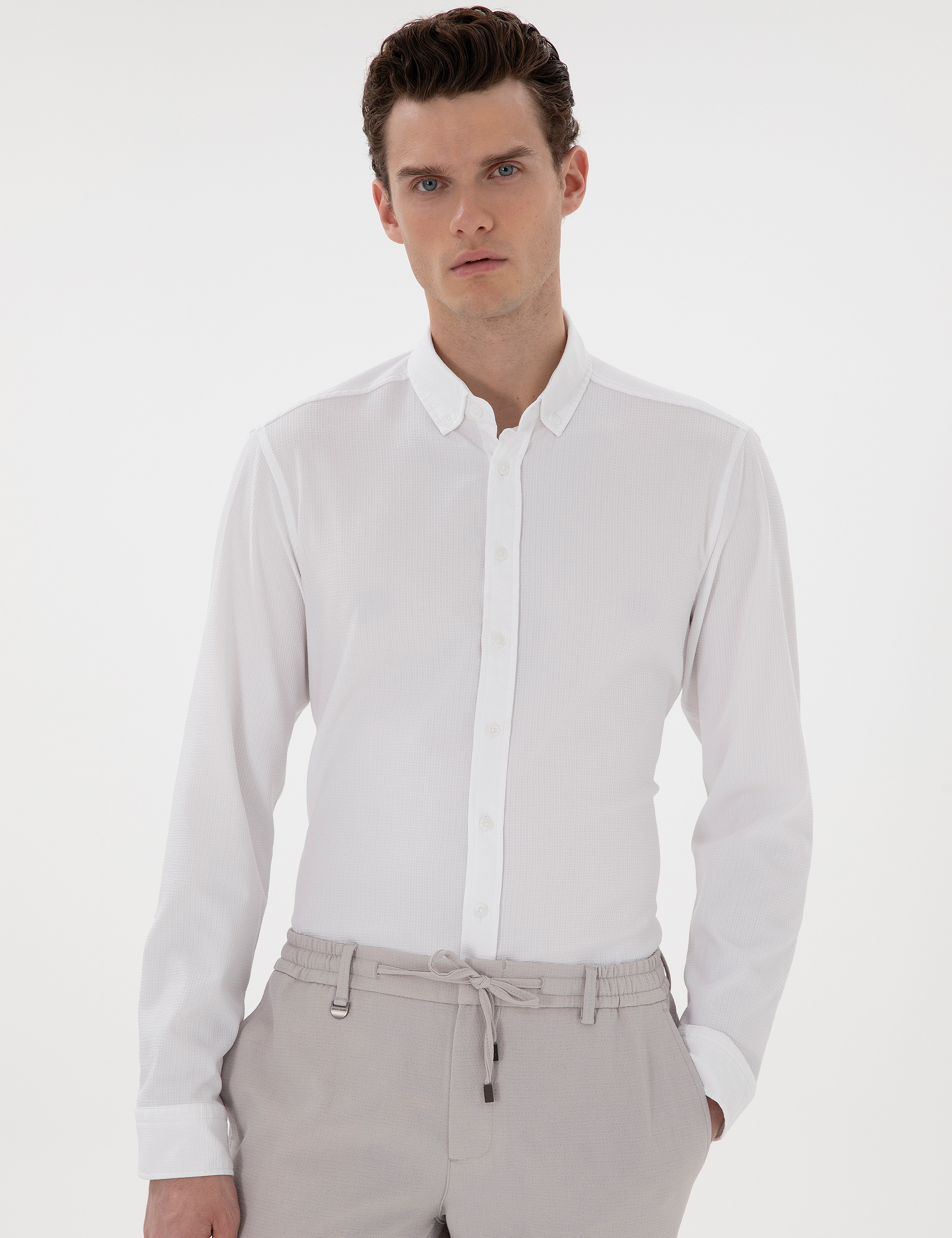 Beyaz Slim Fit Çizgili Uzun Kollu Gömlek - Image 3
