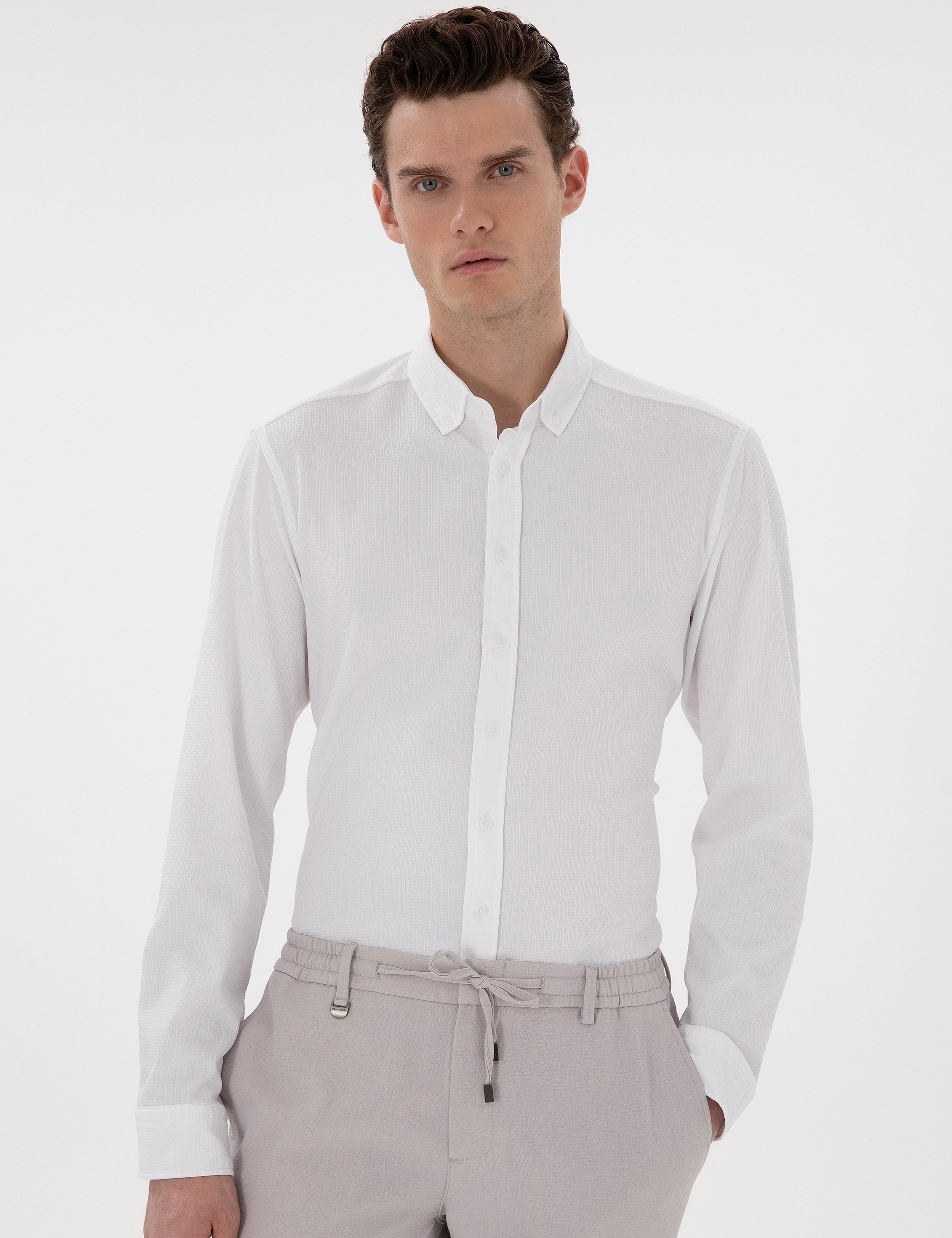 Beyaz Slim Fit Çizgili Uzun Kollu Gömlek