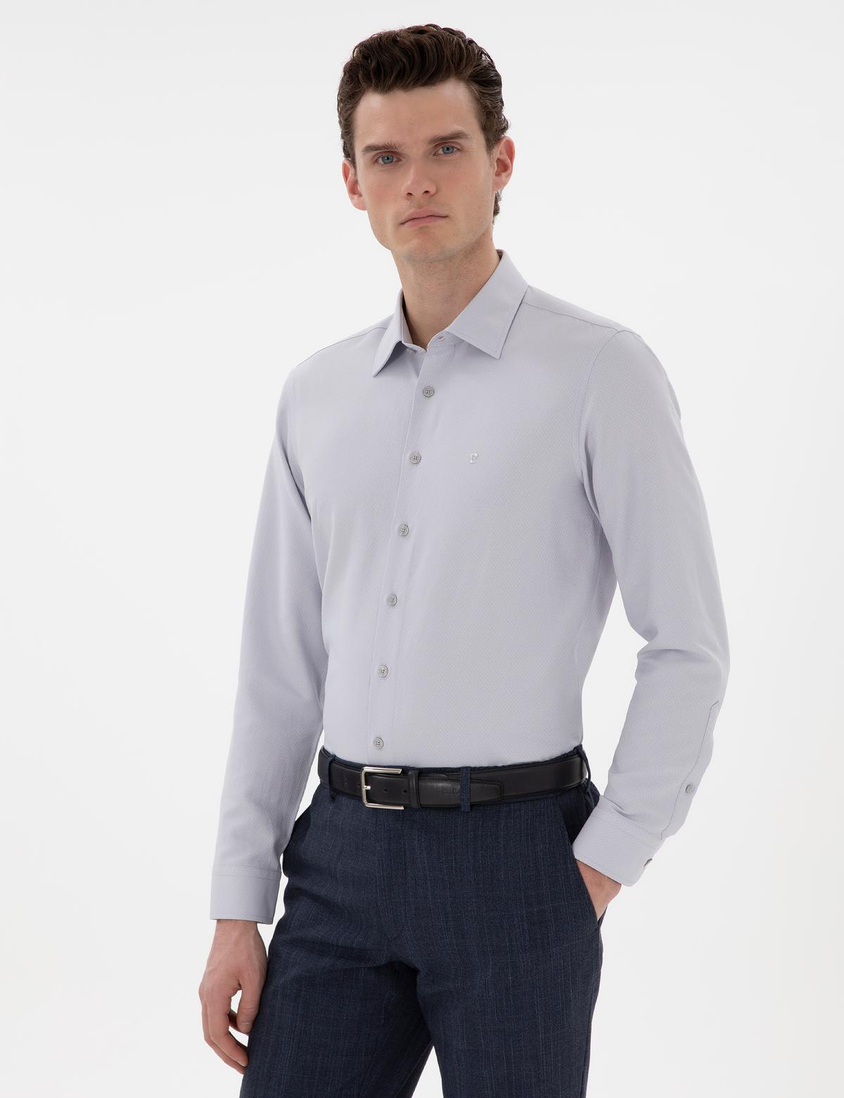 Gri İtalyan Yaka Armürlü Uzun Kollu Gömlek