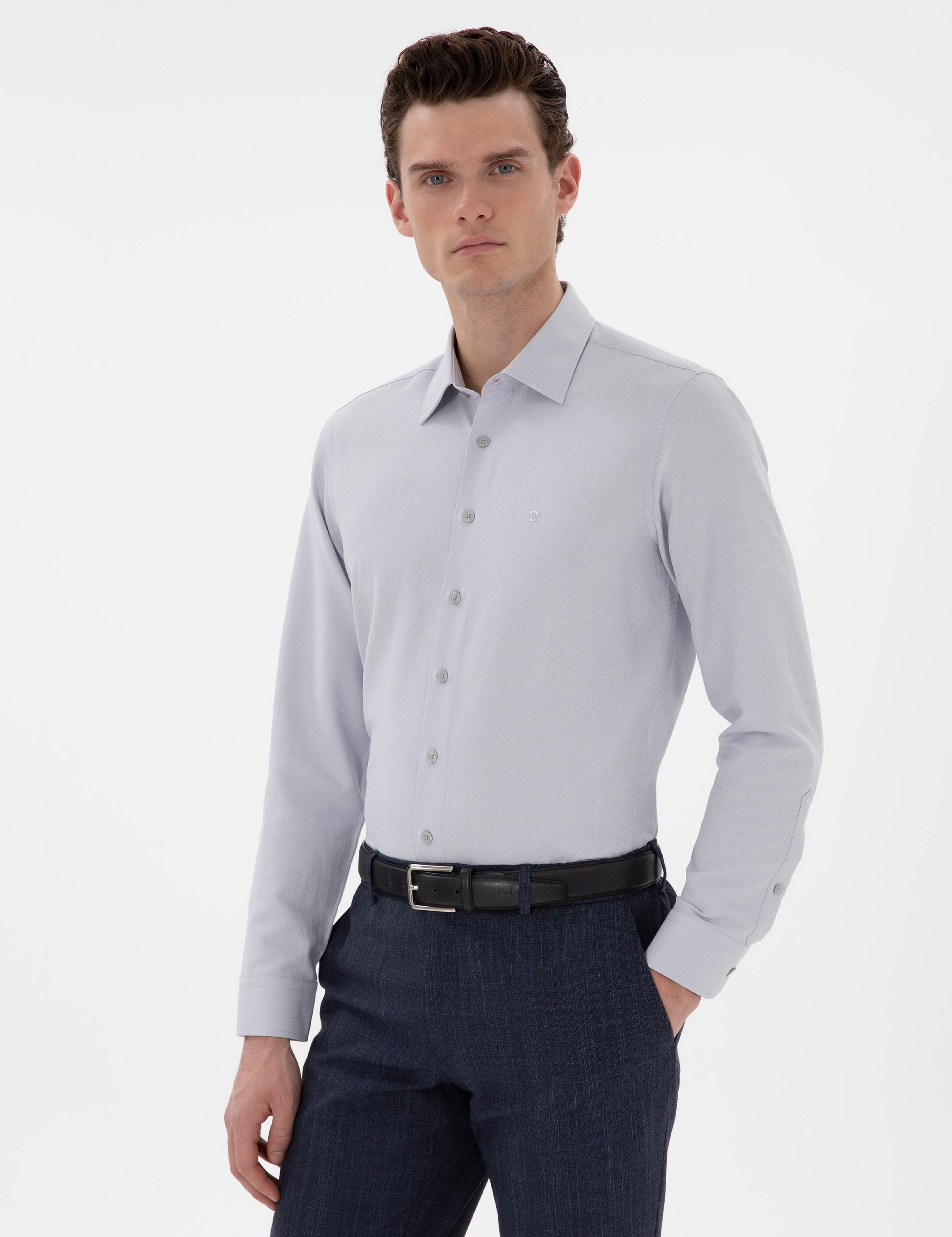 Gri İtalyan Yaka Armürlü Uzun Kollu Gömlek