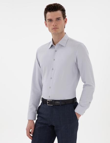 Gri İtalyan Yaka Armürlü Uzun Kollu Gömlek - 50303375025