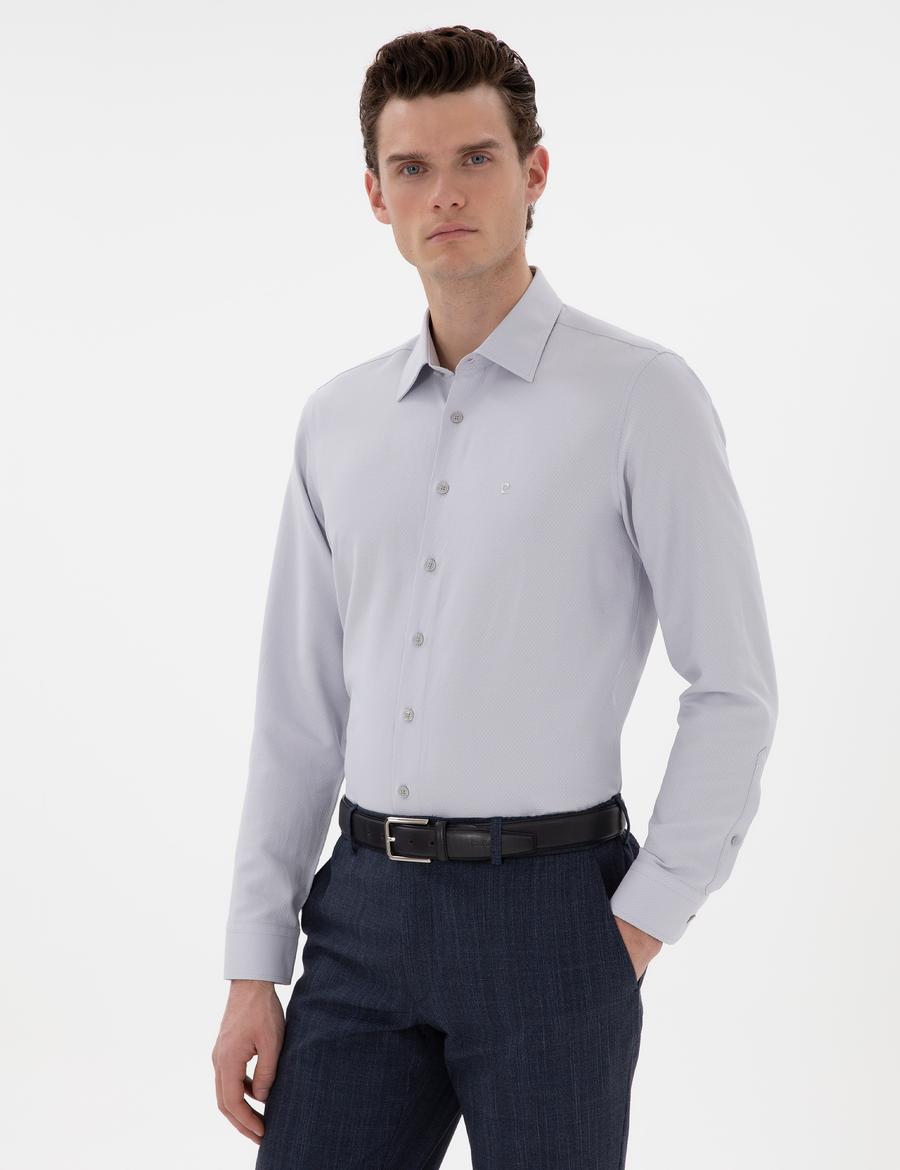 Gri İtalyan Yaka Armürlü Uzun Kollu Gömlek