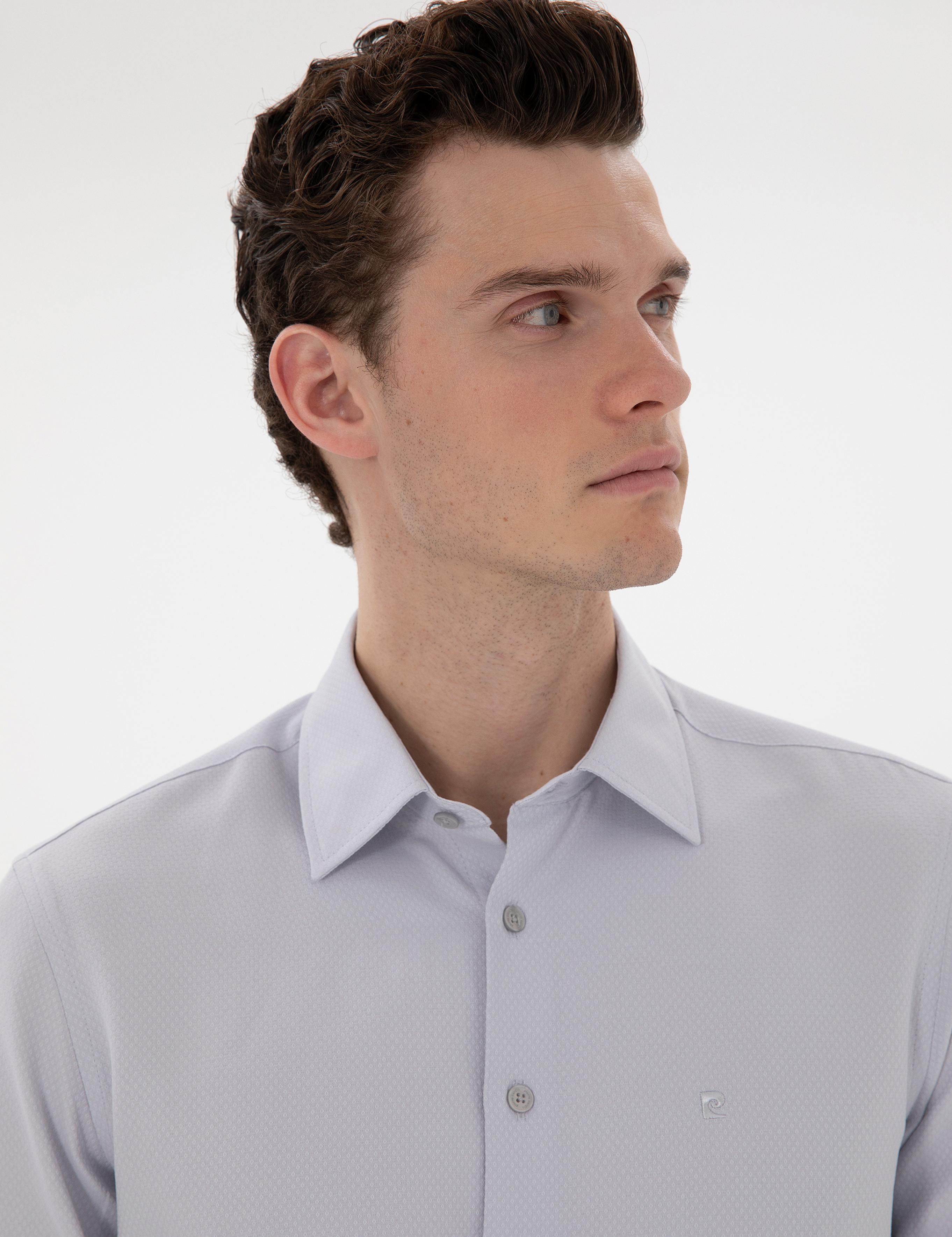 Gri İtalyan Yaka Armürlü Uzun Kollu Gömlek